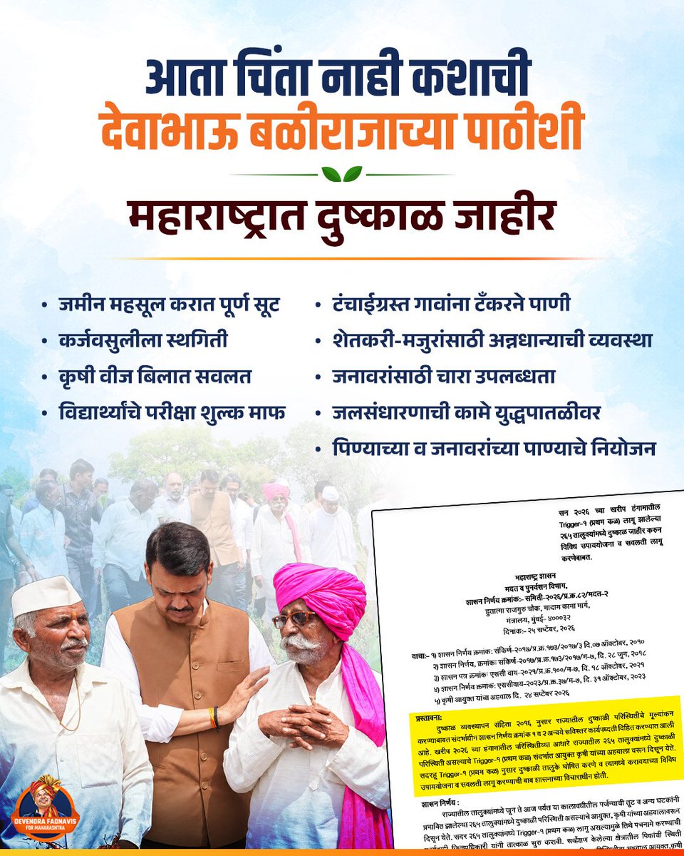 PanwarAnki7179's tweet photo. दुष्काळाच्या काळात पाणी, चारा आणि रोजगारासह आवश्यक मदतीच्या उपाययोजना — बळीराजासाठी आधाराची पावले. 🌾💧
#DevendraFadnavis
#Maharashtra #BJP #Farmers #FarmerSupport #MaharashtraFarmers #DroughtAffected #Agriculture #FarmerRelief https://t.co/0nhjT8aqKm