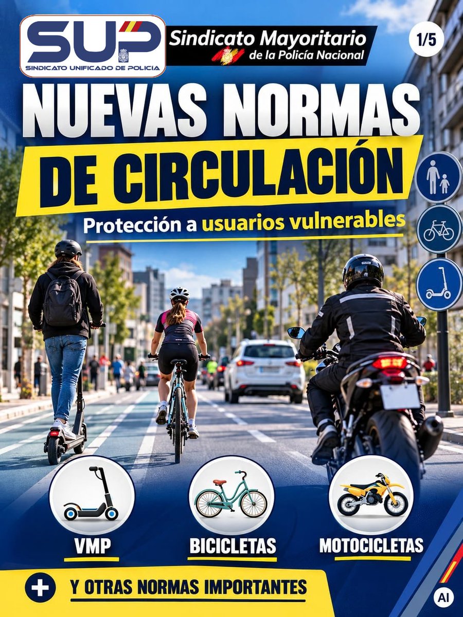 Sup_Policia's tweet photo. 📢 La DGT actualiza el Reglamento de Circulación para reforzar la seguridad de los usuarios más expuestos en la vía.

Desde el 1 de octubre, las novedades alcanzan a patinetes eléctricos, bicicletas y motocicletas. 🛴🚲🏍️

Los VMP exigirán 15 años como edad mínima, casco y chaleco reflectante en condiciones de baja visibilidad. Los profesionales que trabajan sobre estos vehículos deberán llevarlo de forma permanente.

Los ciclistas pierden la exención del casco en interurbanas, y al rebasarlos habrá que bajar el ritmo al menos 20 km/h. En ciudad, ganan el centro del carril.

Para las motos: guantes en carretera, calzado cerrado siempre y homologación real del casco. En atascos señalizados, podrán avanzar por el arcén sin superar los 30 km/h.

Se suma además la obligación de apartarse ante el carril de emergencia y la prohibición de adelantar con nieve.

El SUP sigue de cerca cada norma que afecta a quienes comparten la carretera. 👮

El SUP avanza contigo. Da el paso desde el primer comentario⤵️