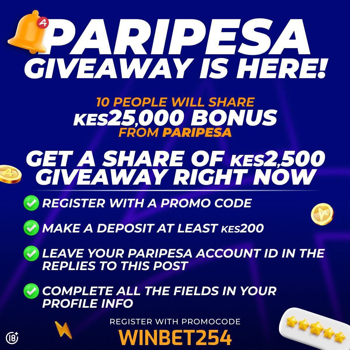 Robatos909's tweet photo. 🎁 Giveaway is here! 10 people will share 25000 KES bonus from PariPesa.
📢 Get a share of 2500 KES giveaway right now
✅ Create an account using promo code WINBET254
✅Have a deposit of at least 200 Kes
✅LEAVE your Paripesa Account ID in the REPLIES 
https://t.co/snz9P3G4Wx https://t.co/veCylOPfdK