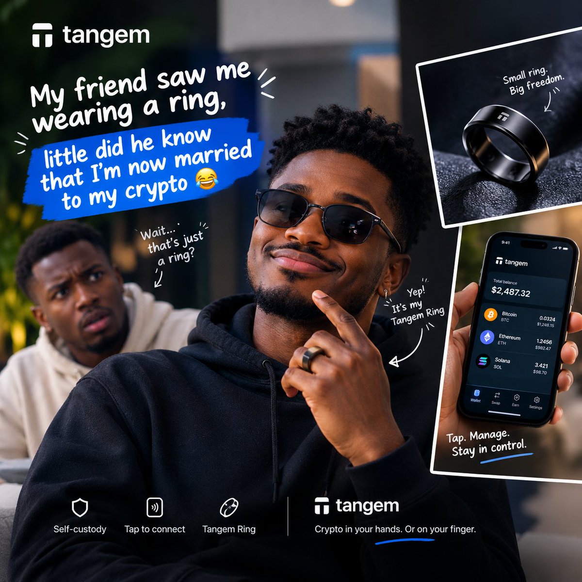 Mmenyene_C's tweet photo. My friend saw me wearing a ring and thought I finally found someone. 😅

Little did he know…

I’m now married to my crypto. 💍🔐

Meet the Tangem Ring, a hardware wallet you can literally wear.

Connect it with your phone, manage your crypto through @Tangem app, and keep self-custody close… like, really close.