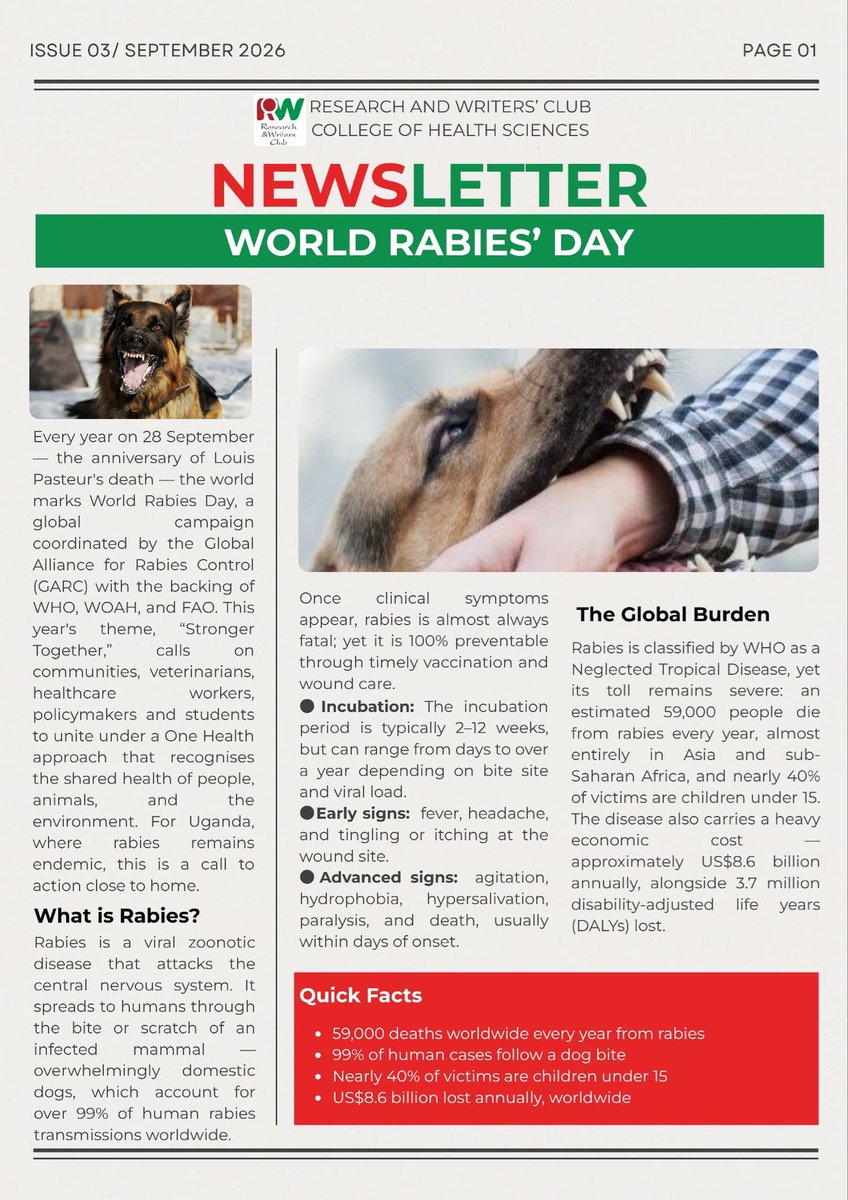 MakChsRWC's tweet photo. ๐พ World Rabies Day | 28 September
Rabies is 100% preventable, yet deadly once symptoms appear. Prevention starts with awareness, vaccination, and timely care. Letโs act together to protect every life.
#WorldRabiesDay #RWC #ResearchAndWritersClub #OneHealth #RabiesPrevention https://t.co/HjdhoTOSmz