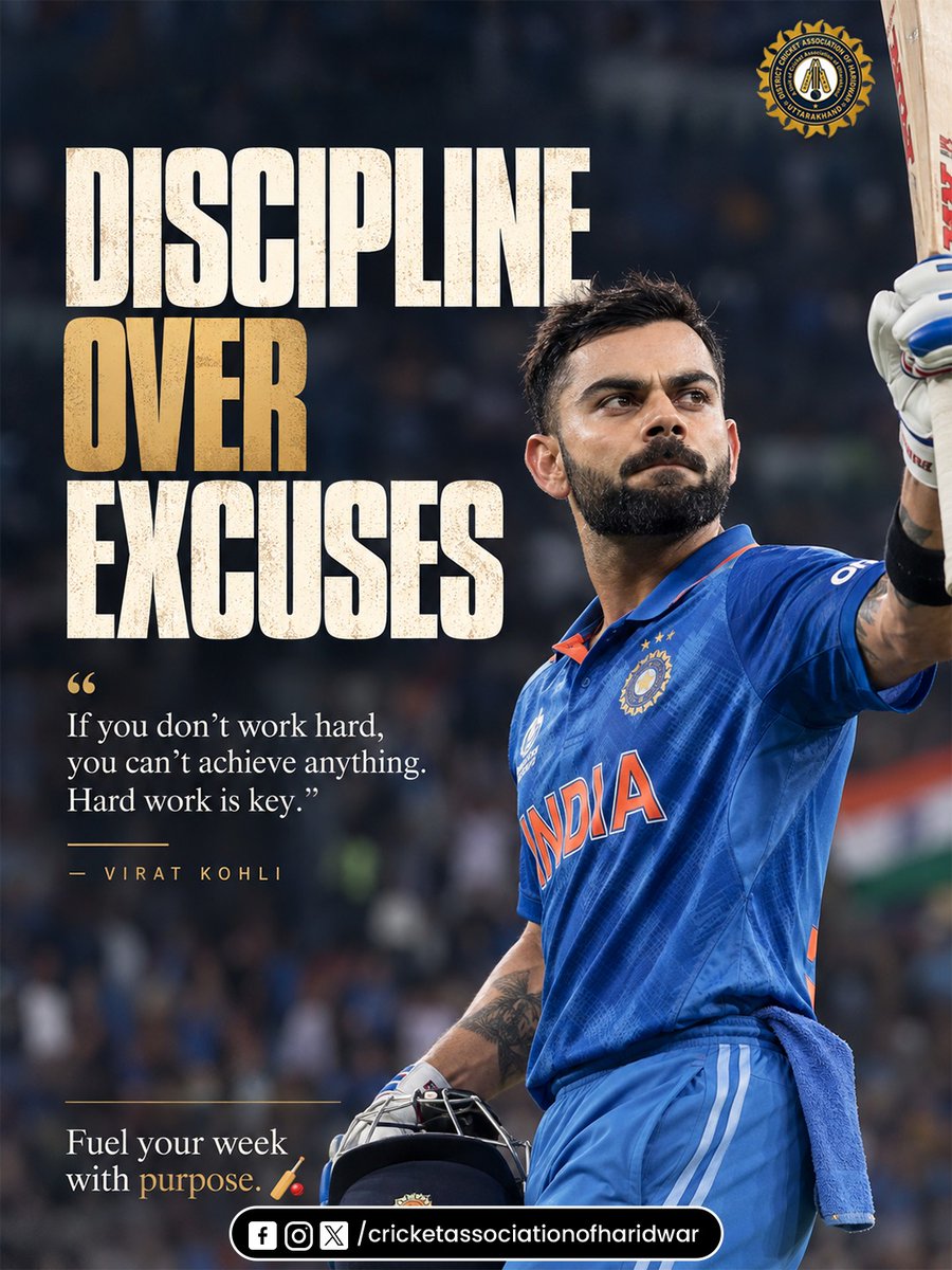 Officialcrah's tweet photo. No shortcuts. No excuses. 👑🔥
"If you don't work hard, you can't achieve anything." — Virat Kohli ⚡💪
Fuel your week with purpose! 👇
#CricketAssociationOfHaridwar #ViratKohli #DisciplineOverExcuses #MondayMotivation #HardWorkPaysOff https://t.co/EtvgZ6aavI