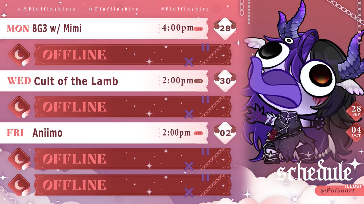 Fluffinshiree's tweet photo. actually posting my schedule here for once lmao. going to be streaming #baldersgate3 #cultofthelamb and #aniimo !! hope to see yall soon https://t.co/EcWhZ67pXy
