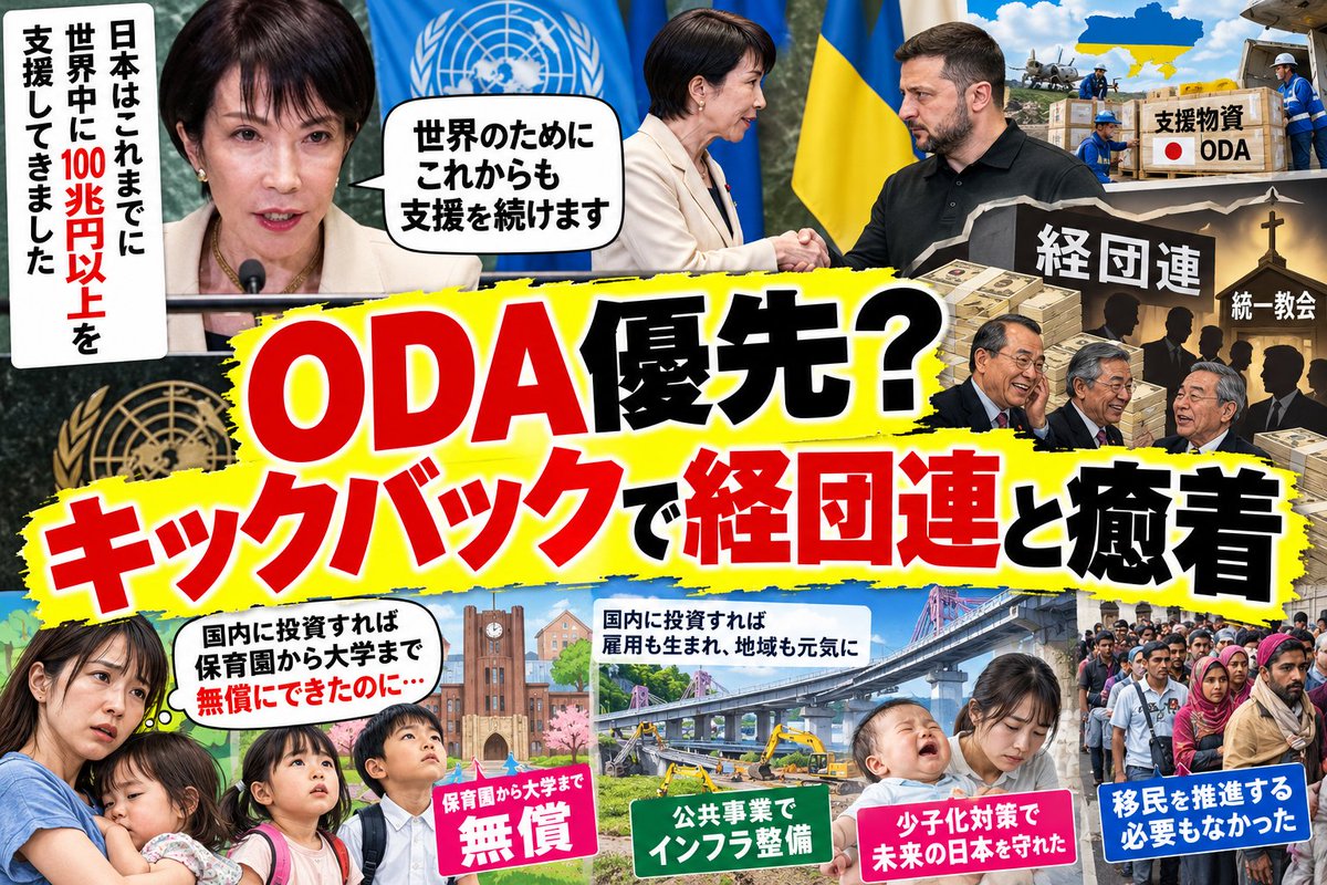 nemoto_ryosuke2's tweet photo. 高市はODA優先。日本人の生活よりも海外支援を優先。アメリカの顔色を伺ってのこと。そしてキックバックで経団連と癒着。庶民から巻き上げた税金を金持ち経団連に献上してキックバックを受ける。これがこいつの常套手段。知らなかったアホは二度と自民に入れんなよ。 https://t.co/APPKDTE59s