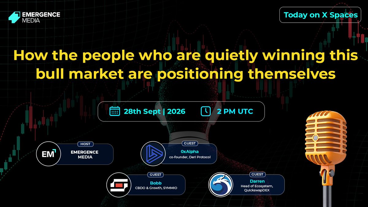 _EMAgency's tweet photo. The bull market is here.

But what are the people quietly making money doing differently?

Are they buying early, rotating into new narratives, taking profits, or just sitting on positions while everyone else chases the next pump?

We're bringing market participants together to talk about what's actually working.

Topic: How the people who are quietly winning this bull market are positioning themselves

@QuickswapDEX | @DeriProtocol | @symm_io 

Set reminder: https://t.co/1RudL6VPWc

Come hear what others are seeing.