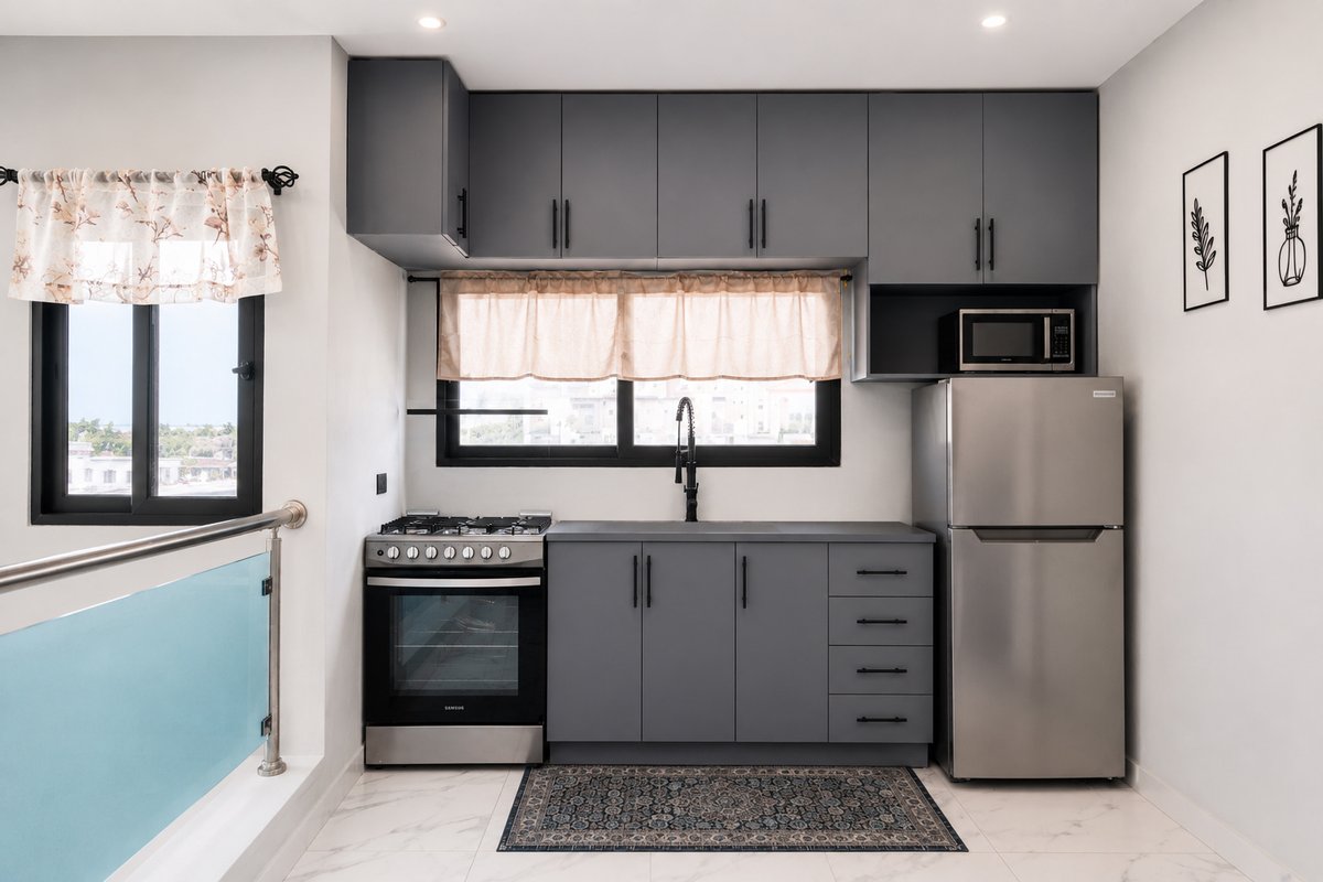 folashosting's tweet photo. Relaxing mornings in La Romana. ☕️ Discover the sleek design of our modern luxury kitchen at Estrella Marina 402. The perfect spot for families and groups of up to 16 people for a private Caribbean getaway. Book on Airbnb! ✨ https://t.co/EwwuEN36G8
