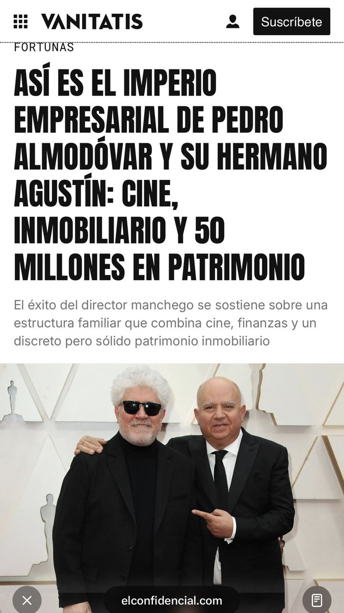 JaviRodrigo11's tweet photo. Pedro Almodóvar es vicepresidente y consejero delegado solidario. El Deseo Inversiones S.L. 

Es na sociedad específicamente vinculada a la actividad inmobiliaria. 

Su objeto está relacionado con la compraventa de bienes inmobiliarios por cuenta propia. La sociedad figura inscrita en Madrid, hoja registral M-293954. 

Cerca de 10 millones de euros el valor de los activos inmobiliarios concentrados en El Deseo Inversiones S.L. 

Entre los inmuebles que han sido identificados públicamente aparecen:

- Calle Francisco Navacerrada, Madrid: edificio de cinco plantas con garaje, utilizado como oficinas.

- Paseo Pintor Rosales, Madrid: vivienda de más de 400 m².

- Calle O’Donnell, Madrid: vivienda próxima al Retiro.

- Calle Antonio Toledano, Madrid: local.

- Parla: una nave industrial. 

De estos, no se salva ni uno.
