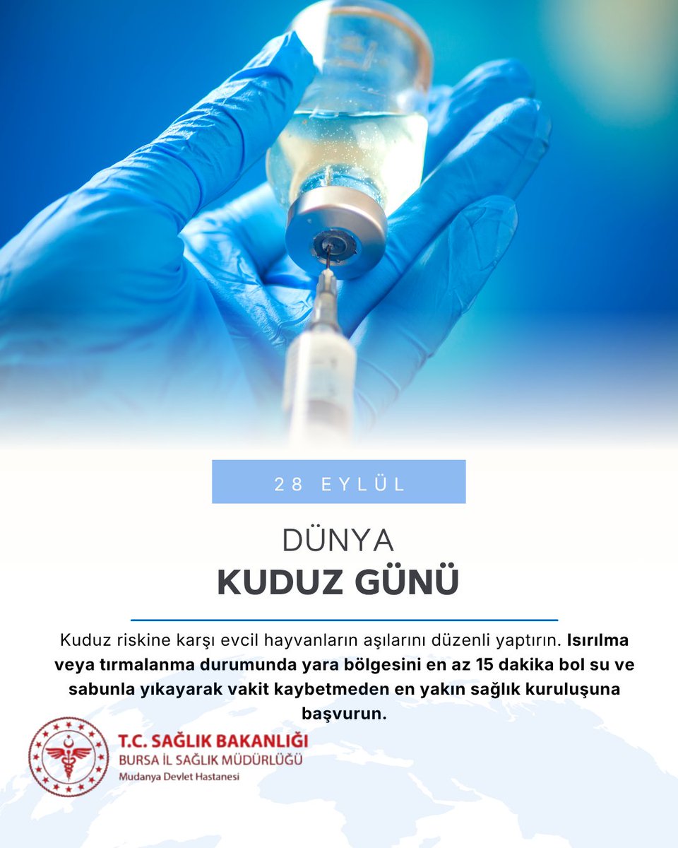 mudanyadh's tweet photo. Kuduz, önlenebilir bir hastalıktır. Şüpheli hayvan temaslarında zaman kaybetmeden sağlık kuruluşuna başvurmak, hastalıktan korunmada büyük önem taşır.

Temastan korunun, belirtileri beklemeden sağlık kuruluşuna başvurun.

#DünyaKuduzGünü #Kuduz https://t.co/Yzm7dTO835