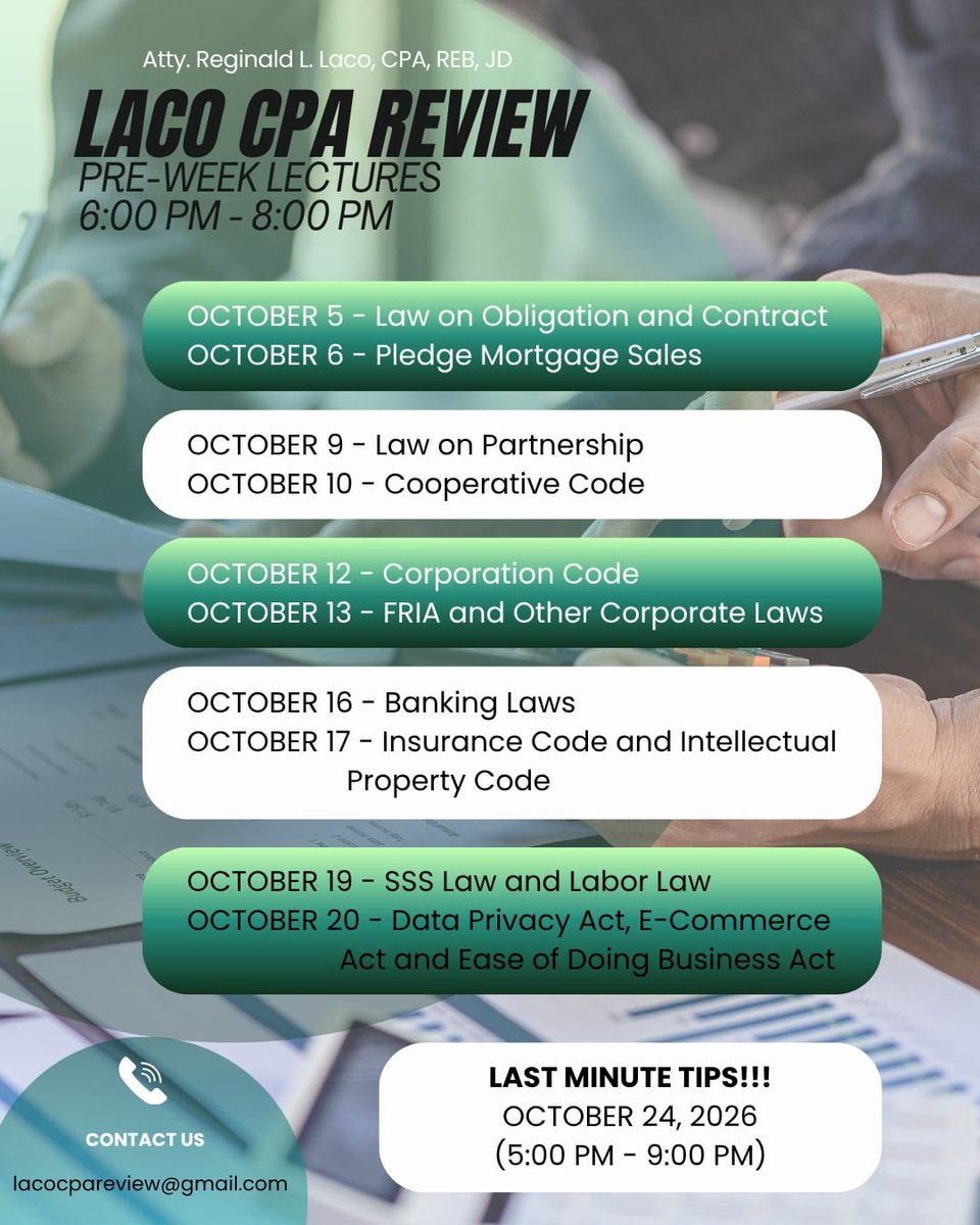 LacoReginald's tweet photo. Please refer to the schedule of Free Preweek Lectures in RFBT in preparation for October 2026 CPALE. Kindly send to your friends, classmates and relatives who will take the October 2026 CPALE. https://t.co/a2oshtdAyK