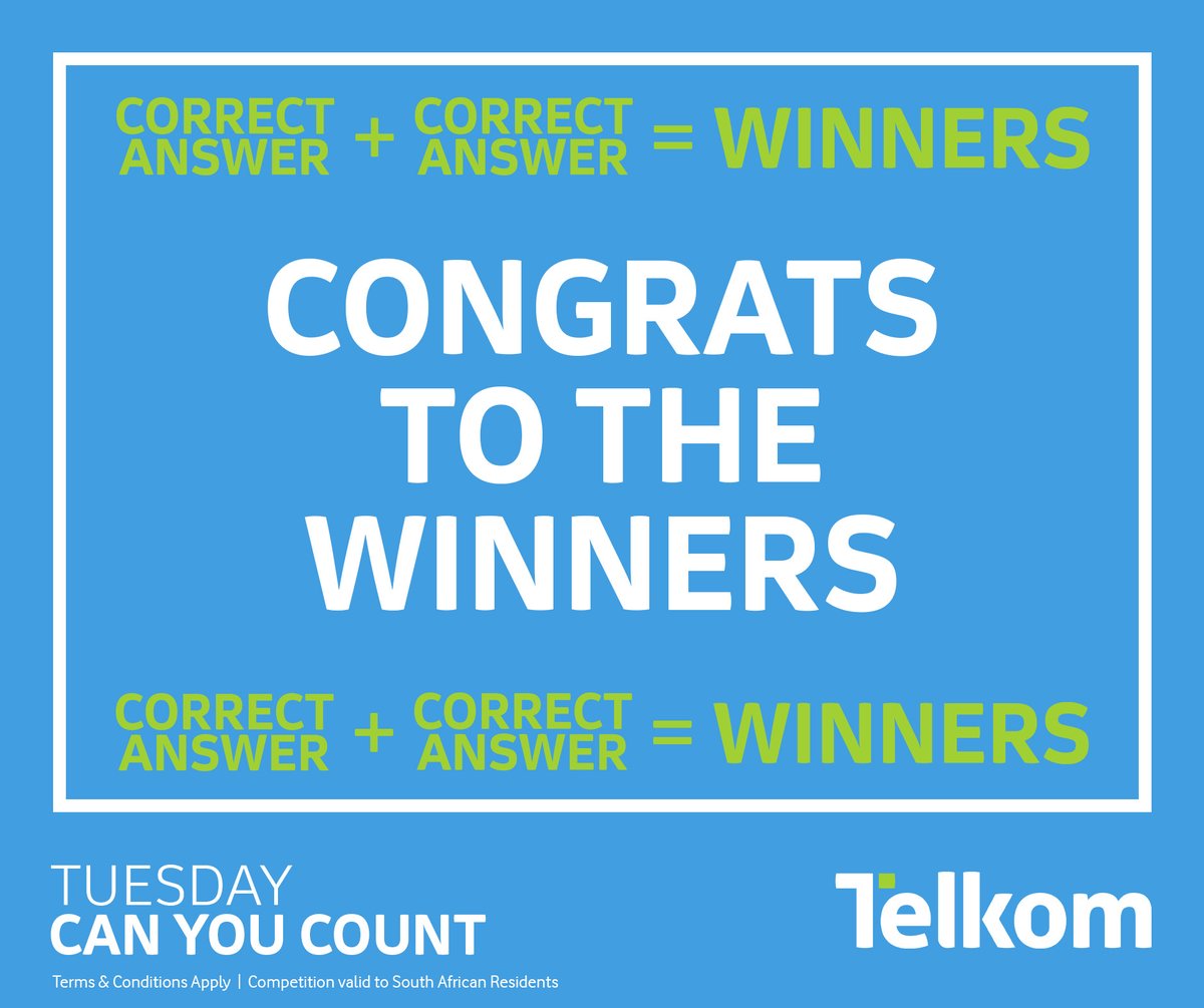 TelkomMYSIM's tweet photo. Congratulations to the winners!
@Tumzaroo
@Tsebanglehong
@mawilabetty

Correct answer - 50       
All prizes must be claimed within 6 months and cannot be exchanged for cash value or another prize. #Smartload #CanYouCount #WinWithMYSIM https://t.co/UkSD3hRPNB