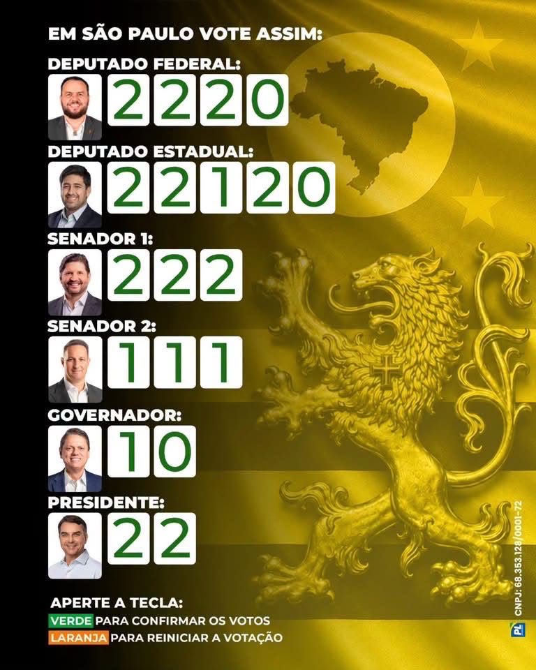 LeiteLuiz's tweet photo. Eleitores paulistas, colinha para as eleições de 2026:

Presidente: Flávio Bolsonaro 22;

Governador: Tarcísio 10;

Senadores: André do Prado 222 e Derrite 111;

Deputado Federal: Gil Diniz 2220 e Deputado Estadual Lucas Amaral 22120.

🇧🇷🇧🇷🇧🇷🇧🇷🇧🇷🇧🇷🇧🇷🇧🇷🇧🇷🇧🇷🇧🇷🇧🇷🇧🇷🇧🇷🇧🇷 https://t.co/dpSueheNrg