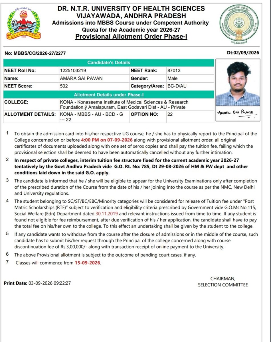 AmaraPavan5546's tweet photo. @ncbn @PawanKalyan @naralokesh Garu🙏
I humbly request your support for my MBBS education.I scored 502 in NEET 2026 (AIR 87,013) and secured an MBBS seat at KIMS Amalapuram this year.I come from a farming family.Sir I can provide u all the documents for verification 
#MBBS #HELP https://t.co/fOeU6TODqC
