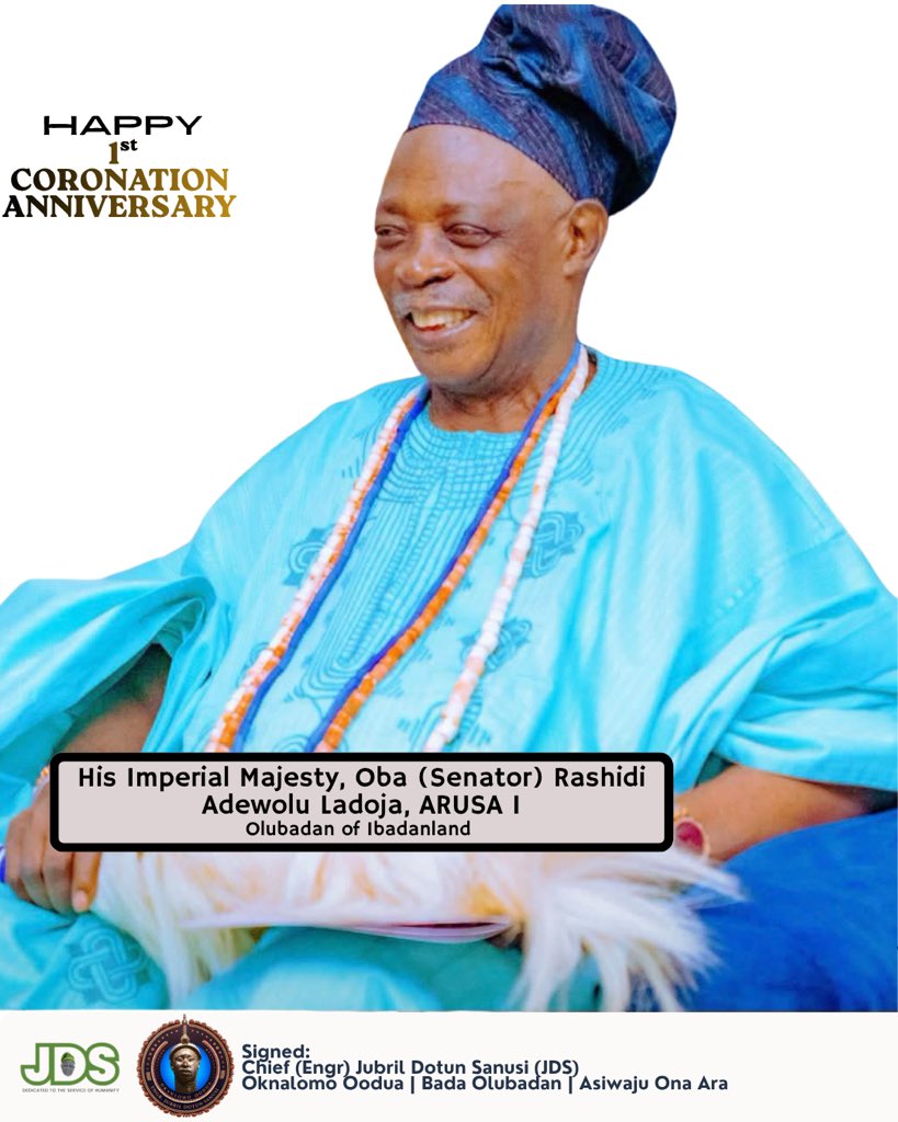 JDSsupportgroup's tweet photo. OLUBADAN FIRST CORONATION ANNIVERSARY: A CALL TO UNITY, DIGNITY AND THE PRESERVATION OF OUR HERITAGE

As we commemorate the first anniversary of the coronation of His Imperial Majesty, the Olubadan of Ibadanland, this occasion calls for more than celebration. It is a moment for reflection, unity and renewed commitment to preserving the sacred institution entrusted to us by our forefathers.

The Olubadan throne is bigger than any individual, political interest, disagreement or temporary ambition. People will come and go, positions will change hands and political seasons will pass, but the Olubadan stool remains an enduring symbol of the identity, history and heritage of Ibadanland.

As sons and daughters of Ibadanland and Oyo State, we have a collective responsibility to protect the dignity and sanctity of this revered institution. We must choose unity over division, wisdom over bitterness and respect over personal differences.

History will remember those who stood firmly for the preservation and honour of our traditional institutions. Our strongest response to every challenge must therefore be our unity, dignity and determination to protect what our forefathers entrusted to us.

On this first coronation anniversary, I call on all Ibadan sons and daughters, irrespective of political affiliation, social status or personal differences, to unite in the interest of Ibadanland and uphold the honour of the Olubadan throne.

May peace continue to reign throughout Ibadanland. May unity return wherever there is division, may wisdom overcome bitterness, and may the Almighty continue to preserve the Olubadan institution for generations yet unborn.

K’ade pe l’ori.
Ki bata pe l’ese.
Ki esin Oba, o jeko pe..

— Chief Jubril Dotun Sanusi
Okanlomo Oodua
Gbonka Olubadan