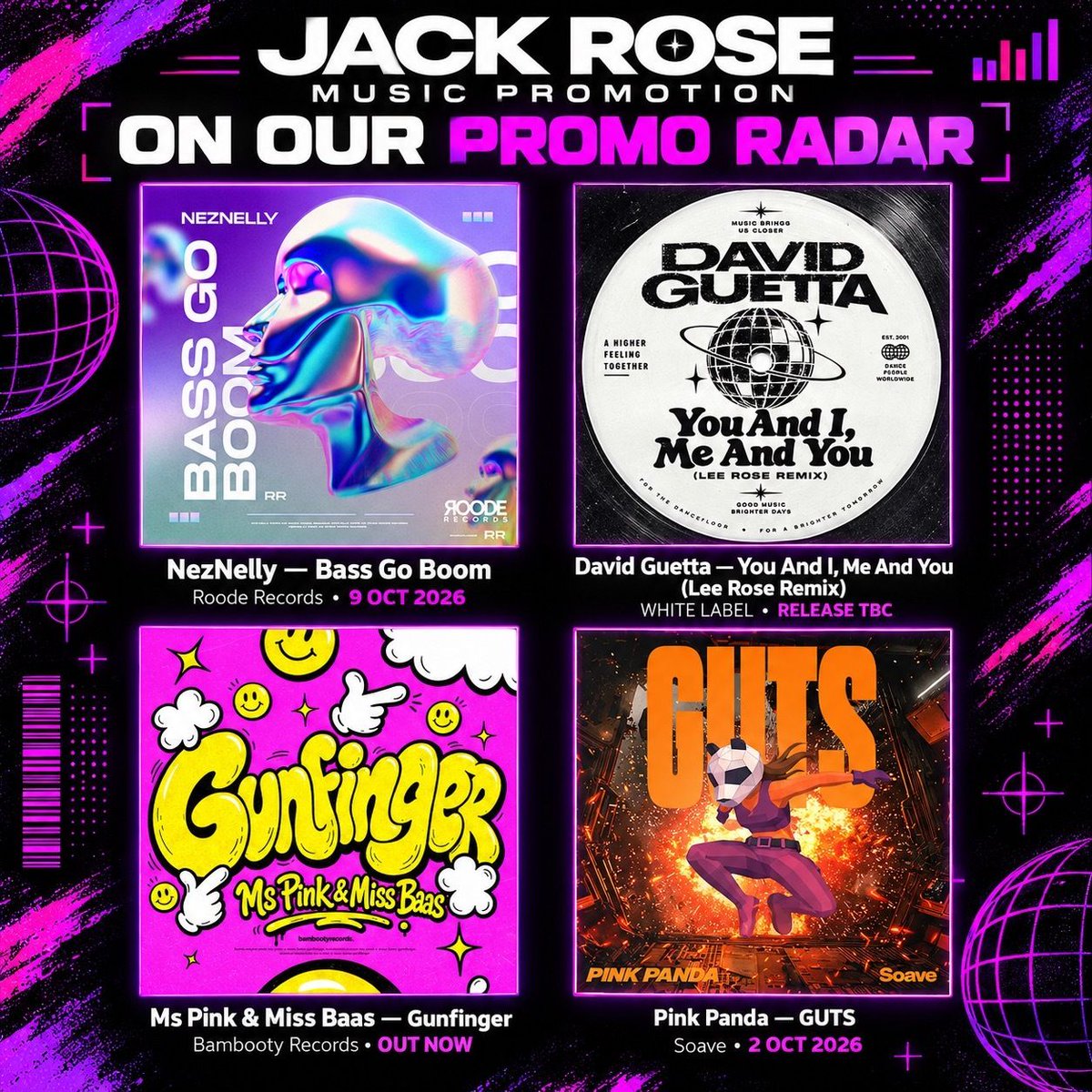 JackRoseReal's tweet photo. Our inbox has a volume problem 🔊🔥 Fresh promo heat from NezNelly, David Guetta (Lee Rose Remix), Ms Pink &amp; Miss Baas and Pink Panda.

On our radar. Heading for yours. 👀

#JackRoseMusicPromotion #HouseMusic #TechHouse #UKGarage #NewMusic https://t.co/2fc6OVgdtX