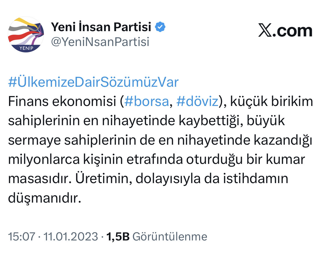 YeniNsanPartisi's tweet photo. #ÜlkemizeDairSözümüzVar
Finans ekonomisi gerçekliğiyle ortaya çıkan fon kazananları ve fon krizi; fona para girişinin, fondan para çıkışından daha az olmasından kaynaklandığını düşünmek saflık olur. Kuşkusuz bu da bir olasılık ancak asıl mesele, kazananlardan daha da fazla kazanan olan kasanın, payını alamamasından kaynaklanmasıdır. 

İktidarımızda üretimin ve istihdamın düşmanı olan finans ekonomisine son verilecektir. Ülkemize Dair Sözümüzdür!