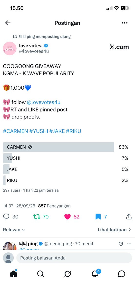 Dewisl6u's tweet photo. @lovevotes4u @teenie_ping VOTE #CARMEN https://t.co/s3aeSeuKCo