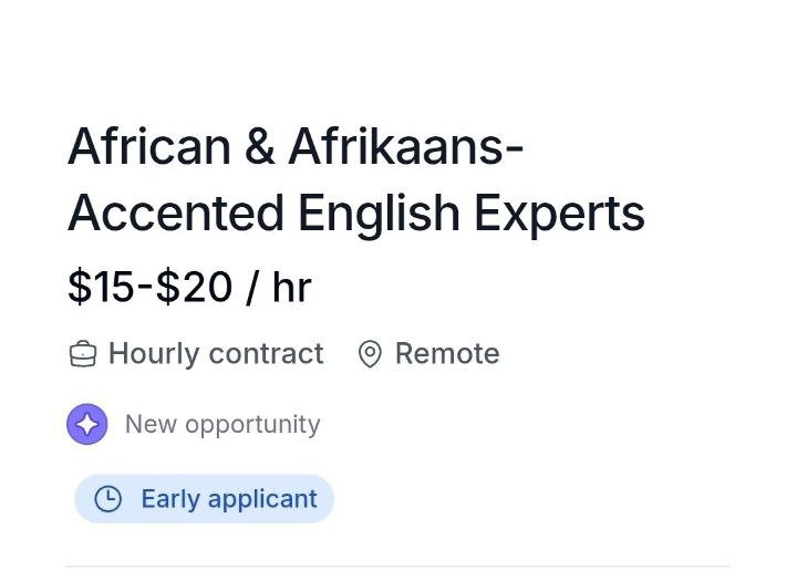 Thee_klaan's tweet photo. New remote opportunity for African talent 

**African & Afrikaans-Accented English Experts** 

Pay: $15–$20 per hour  
Type: Hourly contract • Fully Remote

Mercor is looking for people who can accurately work with African-accented English (Nigerian, Kenyan, Ghanaian, South African, etc.) and/or Afrikaans-accented English.

Open to people in Nigeria, Kenya, Ghana, South Africa, Uganda, Tanzania, Ethiopia, Rwanda and other African countries.

**How to apply (simple steps):**

1. Go to https://t.co/fLuTy2N5vo  
2. Create your free account (or sign in)  
3. Complete your profile with clear details about your language skills and any transcription/audio experience  
4. Search for or open the “African & Afrikaans-Accented English Experts” role  
5. Submit your application and complete any short screening/interview  
6. If accepted, you’ll get access to tasks and can start working

Early applicants usually have a better chance.

Want help setting up your Mercor account the right way?  
Just drop a comment or send a DM.

More remote opportunities here → https://t.co/kBLoPsTbbJ  

#Mercor #RemoteWork #NigeriaJobs #KenyaJobs #AfricaRemoteWork