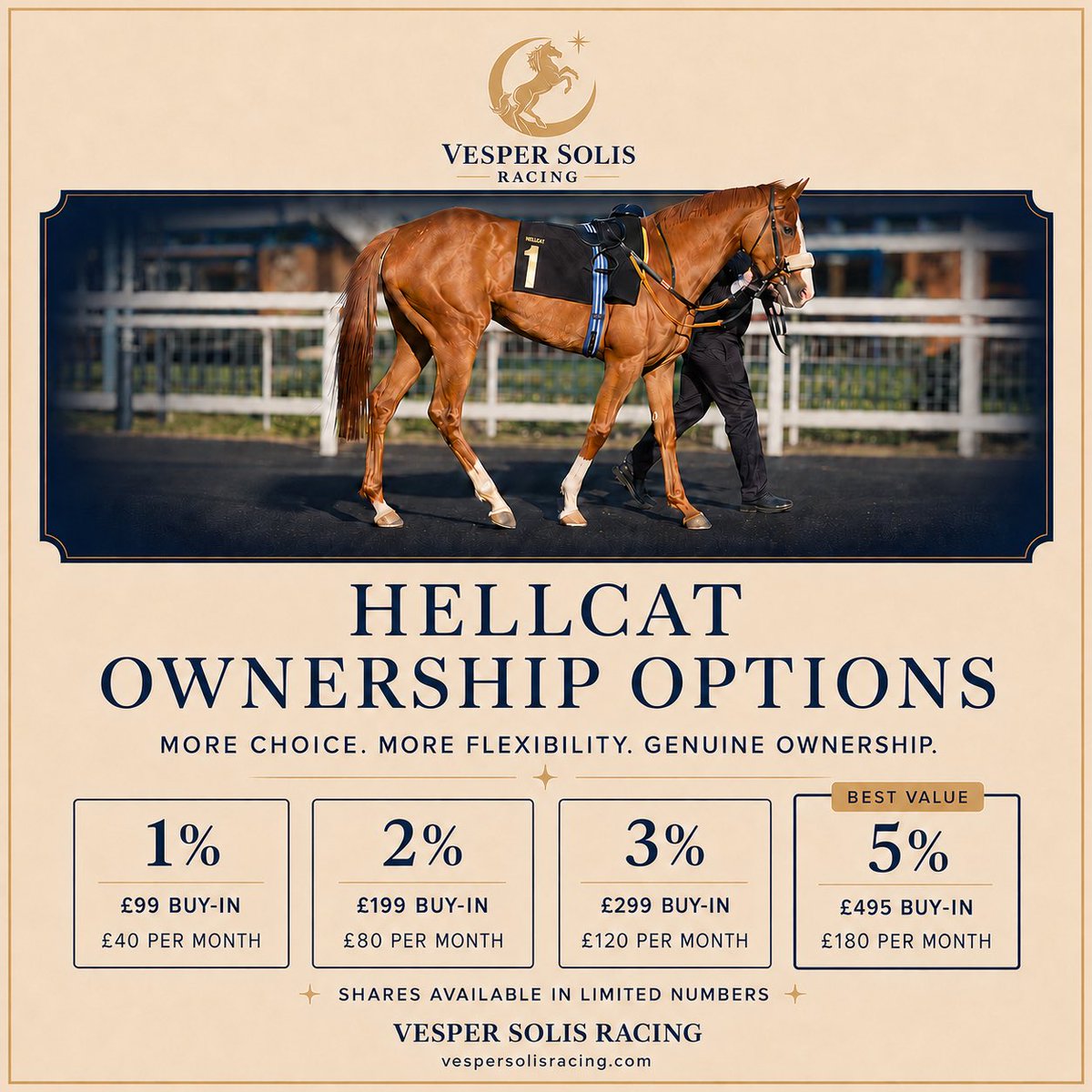 vespersolis's tweet photo. HELLCAT IS BACK 

Our sassy chestnut filly finished third on Saturday.

Hellcat is already out there racing, and you can join her journey. Shares start at 1% for £99 upfront plus £40 per month, with larger options available.

Send us a message for the full ownership details https://t.co/ywI2EJlzsL