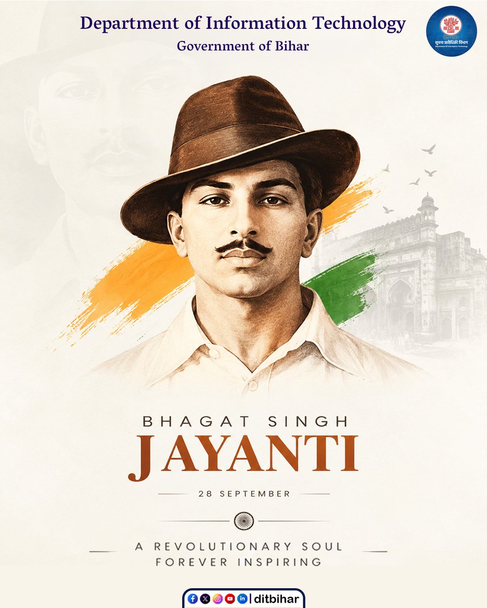 DitBihar's tweet photo. Remembering Shaheed Bhagat Singh on his Jayanti

His courage, conviction and unwavering commitment to the nation continue to inspire generations.

#BhagatSingh #BhagatSinghJayanti #ShaheedBhagatSingh #ShaheedDiwas #IndianFreedomStruggle #FreedomFighter #InquilabZindabad #JaiHind #RememberingBhagatSingh #Bihar #GovernmentOfBihar #DITBihar