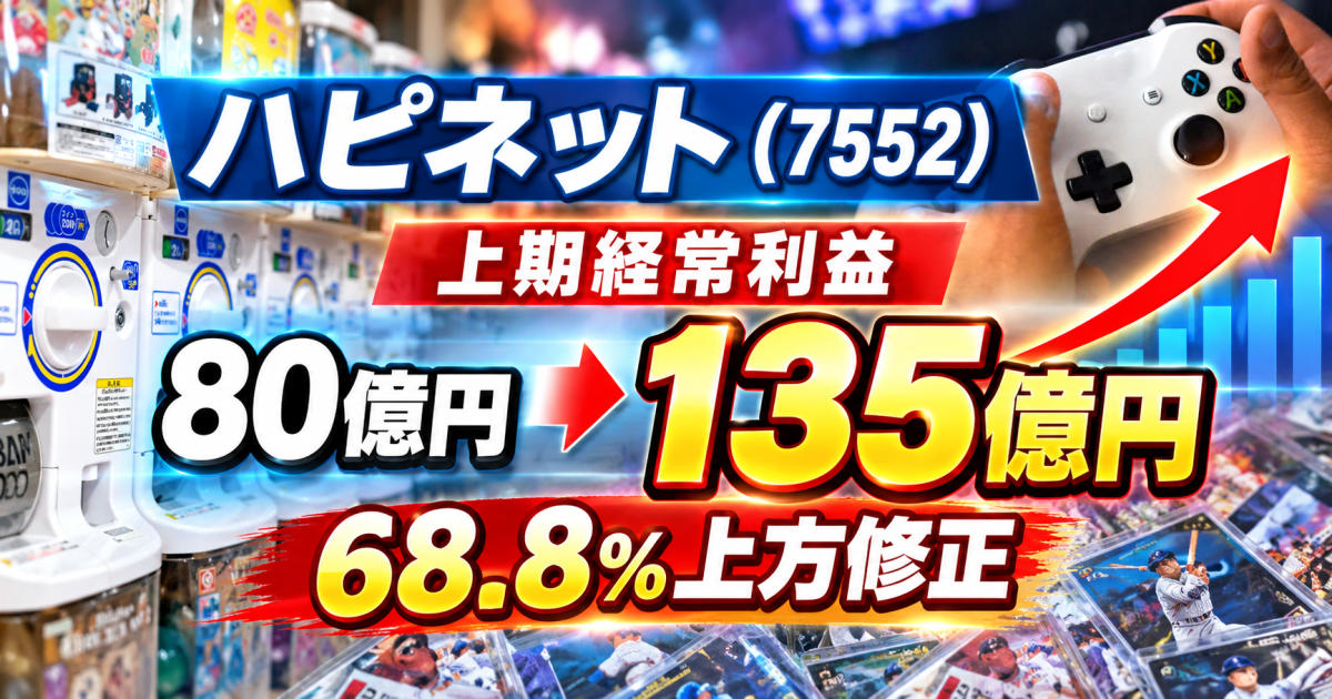 p_oosawa's tweet photo. 📈 ハピネット（7552）が大幅上方修正！
2027年3月期上期の経常利益予想を
80億円 → 135億円へ68.8％上方修正！
従来の減益予想から一転して大幅増益、上期として過去最高益更新の見通しです。
さらに上期だけで、通期経常利益予想160億円の**約84.4％**に到達する計算に。
玩具・ゲーム・カプセルトイなどを手掛けるハピネットとはどんな会社なのか、今回の修正と今後の注目点をまとめました。
🔽詳しくはこちら
https://t.co/46YdDgJvu9
#ハピネット #7552 #日本株 #株式投資 #上方修正 #決算