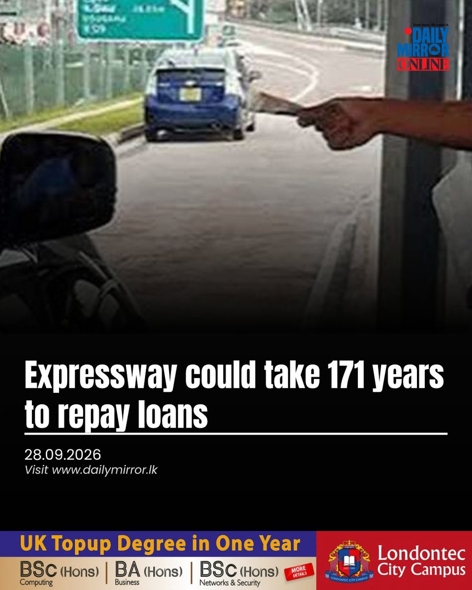 Dailymirror_SL's tweet photo. Expressway could take 171 years to repay loans
Read more 👉https://t.co/MVPXUWhDKX https://t.co/rquktqW4p7