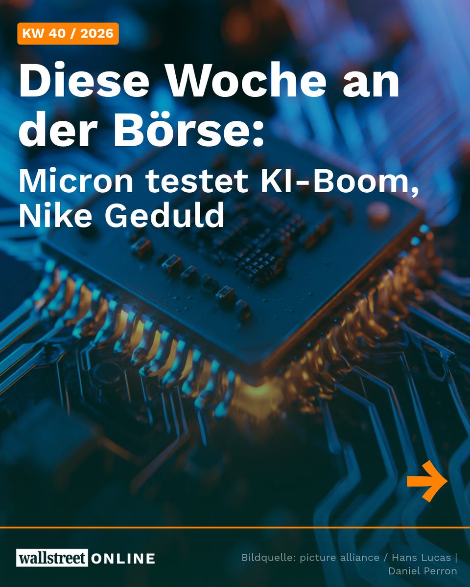wotwitt's tweet photo. 📅 Diese Woche an der Börse – KW 40

https://t.co/DjyTuwOqkG

Ein Chipkonzern im Rekordrausch, ein Sneaker-Riese nahe dem 12-Jahres-Tief: Micron und Nike legen diese Woche Zahlen vor, und dazwischen liegt nur ein Handelstag.

📊 Earnings
→ Mittwoch: Micron, Konsens ~50,8 Mrd. USD Umsatz
→ Donnerstag: Nike, ~3 % weniger Umsatz erwartet

🌍 Makro
→ Mittwoch: Inflation Deutschland (vorläufig)
→ Donnerstag: ISM-Index (USA)
→ Freitag: Eurozone-Inflation & US-Arbeitsmarktdaten

🛢️ Makro-Deep-Dive: Ölmarkt ohne die VAE
→ Sonntag, 4. Oktober: OPEC+ trifft sich zur nächsten Runde
→ Die Vereinigten Arabischen Emirate sind seit dem 1. Mai raus, nach 59 Jahren Mitgliedschaft
→ Wegen der gestörten Straße von Hormus prägen Transportbeschränkungen den Markt stärker als die Förderquoten
→ In der Eurozone stiegen die Energiepreise im August um 14,3 %

Wer überrascht diese Woche mehr, Micron oder Nike? 👇

#Börse #Aktien #Micron #Nike #BMW #Arbeitsmarkt #Inflation #Investieren #Finanzen #wallstreetONLINE