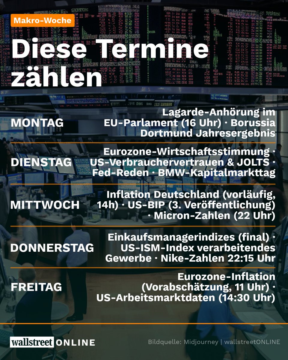 wotwitt's tweet photo. 📅 Diese Woche an der Börse – KW 40

https://t.co/DjyTuwOqkG

Ein Chipkonzern im Rekordrausch, ein Sneaker-Riese nahe dem 12-Jahres-Tief: Micron und Nike legen diese Woche Zahlen vor, und dazwischen liegt nur ein Handelstag.

📊 Earnings
→ Mittwoch: Micron, Konsens ~50,8 Mrd. USD Umsatz
→ Donnerstag: Nike, ~3 % weniger Umsatz erwartet

🌍 Makro
→ Mittwoch: Inflation Deutschland (vorläufig)
→ Donnerstag: ISM-Index (USA)
→ Freitag: Eurozone-Inflation & US-Arbeitsmarktdaten

🛢️ Makro-Deep-Dive: Ölmarkt ohne die VAE
→ Sonntag, 4. Oktober: OPEC+ trifft sich zur nächsten Runde
→ Die Vereinigten Arabischen Emirate sind seit dem 1. Mai raus, nach 59 Jahren Mitgliedschaft
→ Wegen der gestörten Straße von Hormus prägen Transportbeschränkungen den Markt stärker als die Förderquoten
→ In der Eurozone stiegen die Energiepreise im August um 14,3 %

Wer überrascht diese Woche mehr, Micron oder Nike? 👇

#Börse #Aktien #Micron #Nike #BMW #Arbeitsmarkt #Inflation #Investieren #Finanzen #wallstreetONLINE