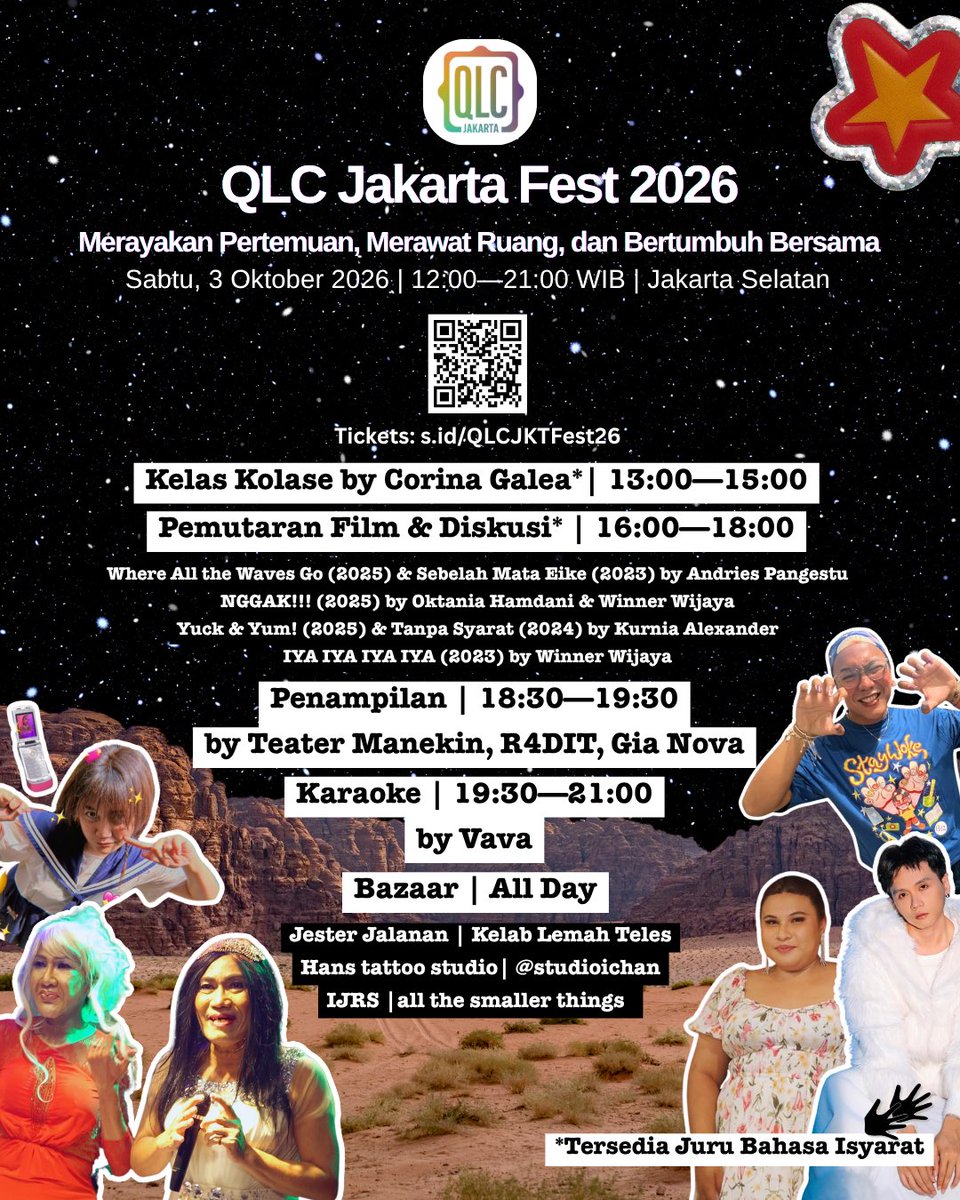 qlc_jakarta's tweet photo. ✨QLC Jakarta Fest 2026✨

📅 Sabtu, 3 Oktober 2026
⏰ 12.00—21.00 WIB
🎟️ https://t.co/5ZaX91iUM9
📍 Jakarta Selatan
Tersedia Juru Bahasa Isyarat

🕺🏻Penampilan
🛍️ Bazar
✍️ Kelas Kolase
🎬 Film Screening
✨ Karaoke https://t.co/EkKxfA4Gw7