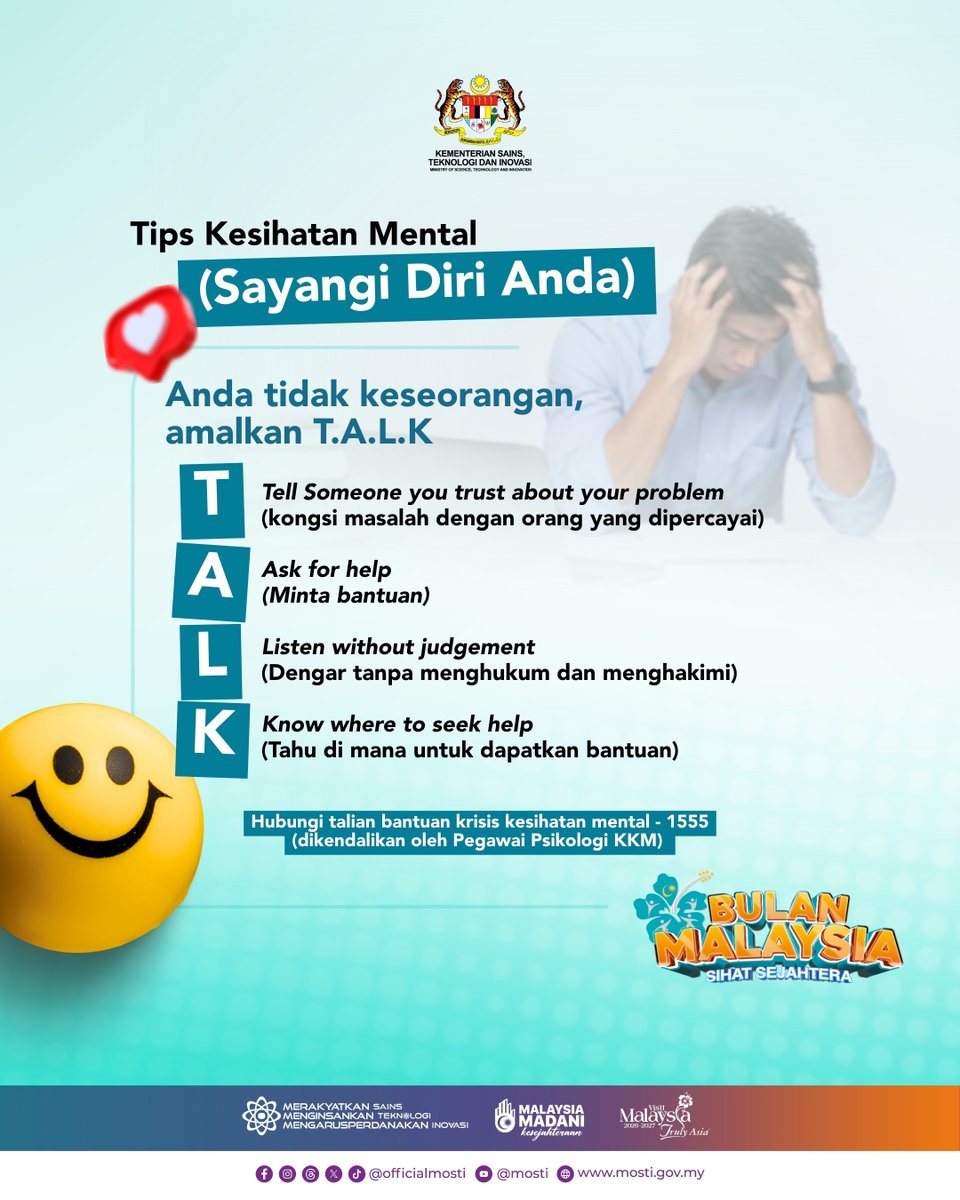 officialmosti's tweet photo. Anda tidak keseorangan 🫶❤️

Sayangi diri anda, anda berharga, anda disayangi, anda diperlukan 🫂. Jangan simpan, jangan pendam masalah anda sendiri.

Amalkan T.A.L.K dan talian hayat 1555 sentiasa terbuka mendengar luahan anda. https://t.co/rgbBFFynbV