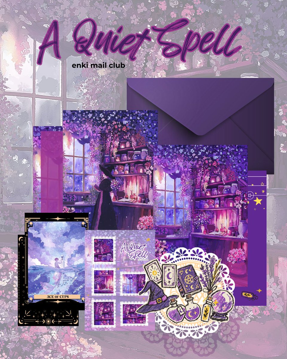 Enkiriin's tweet photo. Hello! °⋆.ೃ࿔*:･
My October Mail is here!! 🪄🔮✨
(PH only 🇵🇭)

This month's theme is "A Quite Spell"
Featuring Uki the Witch! 🔮
Orders are open until October 25 🧙🏻‍♀️
Sign ups here: https://t.co/fNfibaE5SK

Inside you will find: ✉️✨
▫️an art print 
▫️a postcard 
▫️6 die cut stickers
▫️1 Sticker sheet
▫️1 tarot card print 
▫️4 paper doilies
▫️a letter from the artist

Thank you for joining and for welcoming my art into your home! 🌌✨
#snailmail #mailclub