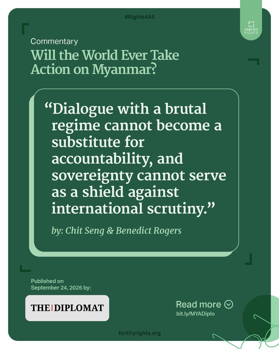 FortifyRights's tweet photo. At #HRC63, fewer than half of 39 speakers explicitly mentioned accountability or justice for #Myanmar. Five governments did not support calls for accountability. 

The evidence of atrocities is documented. What action will governments take?

Read @FortifyRights advocates @sengchit and @BenedictRogers in @Diplomat_APAC: 

https://t.co/T1nNunRkIo

#Rights4All #Myanmar #Accountability