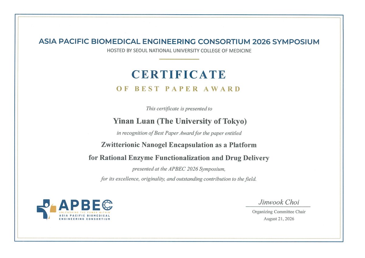UTokyo_Bioeng's tweet photo. 高井研究室のLUAN Yinanさんが、APBEC 2026 Symposiumにおいて
「双性イオン性ナノゲルに封入した酵素の機能化とDDSへの検討」
の研究発表でBest Student Paper Awardを受賞されました。
おめでとうございます。

https://t.co/LAQjtjNVbQ https://t.co/TtnbxUkKrF
