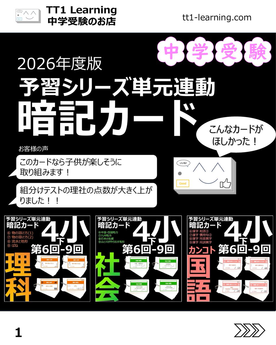 tt1Learning's tweet photo. 予習シリーズは読んでいる。
授業も聞いているし、宿題もこなしている。
それでも組分けテストになると、思ったほど点数につながらない。
そんなお悩みはありませんか。

実は、内容を追っているだけでは、単元の要点やつながりが十分に残らないことがあります。
解いた直後はわかっていても、少し時間がたつと抜けてしまう。
そこで、単元のポイントを押さえながら、短時間でも復習しやすい形にまとめたのが、予習シリーズ単元連動の暗記カードです。

【暗記カードの特徴】
✓ 単元の要点を短時間で総復習しやすい
✓ 予習シリーズの流れに沿っているので、授業や組分け対策につなげやすい
✓ スキマ時間にも使いやすく、持ち運びもしやすい
✓ 過去単元の見返しにも向いていて、抜けの確認がしやすい
✓ ただ覚えるだけでなく、何が大事かを押さえやすい

【こんなご家庭におすすめ】
✓ 読んでいるのに点数に結びつかない
✓ 理社の復習が後回しになりやすい
✓ 家での見直しを、もう少し効率よく回したい
✓ 親の負担を増やしすぎず、復習の軸を作りたい

実際に使ってくださった方からは、お子さまが取り組みやすい、続けやすいという声も届いています。
日々の復習を整えて、組分けにつながる学習に変えていきたいご家庭におすすめです。

気になる方は、あとで見返せるように保存しておいてください。

@tt1learning では、中学受験を伴走するご家族に寄り添う情報発信をしています。
また、日々の学習や塾のテスト対策として、単元に連動したオリジナルの暗記カードを制作・販売しています。
購入はこちら👉 https://t.co/ny076fhG97

#中学受験 #中学受験2027 #中学受験2028 #中学受験2029 #暗記カード