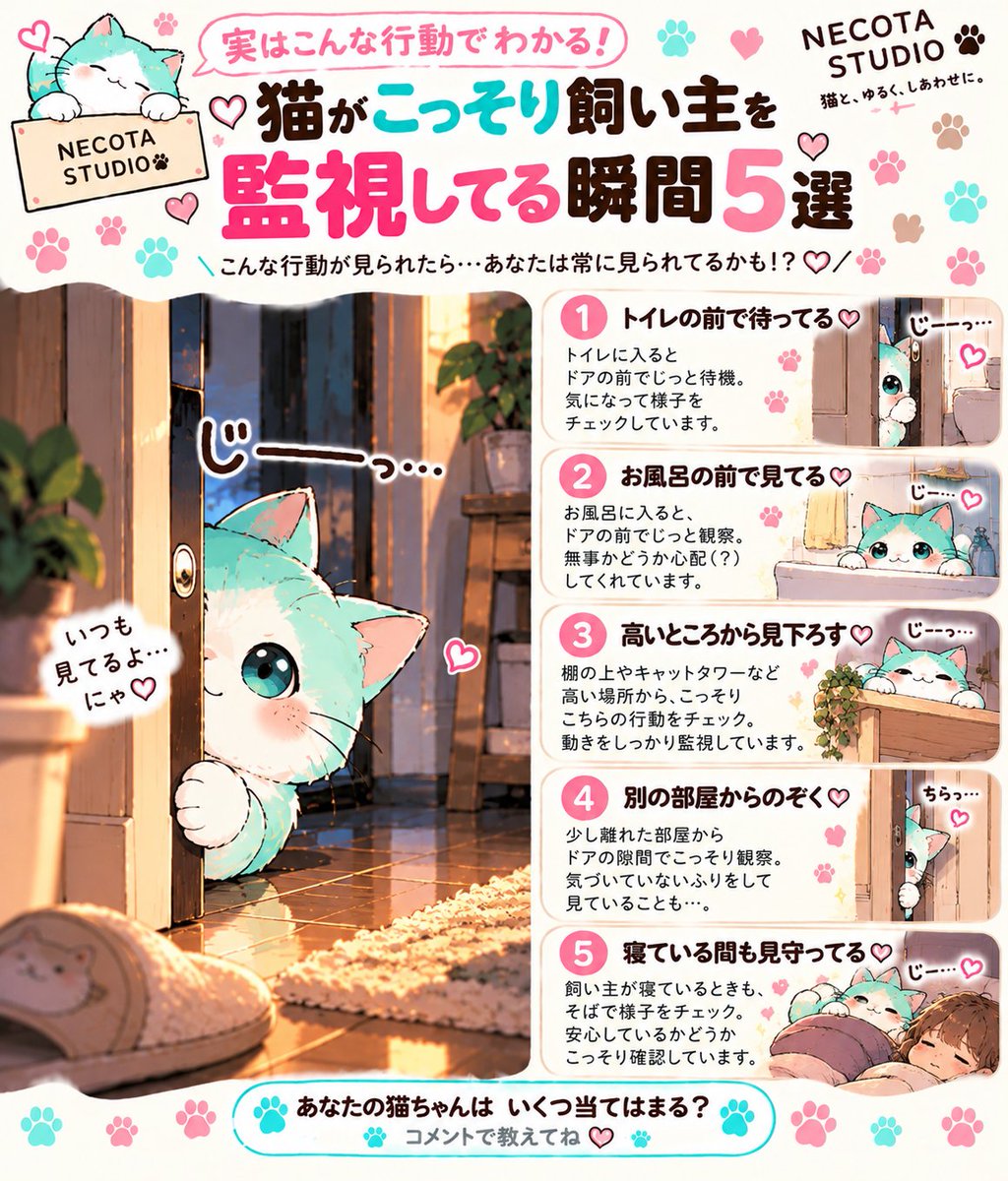 necota_studio's tweet photo. 👀「……じーーーっ」
なんか視線を感じると思ったら、
やっぱり見られてた😂🐱
トイレの前、お風呂の前、ドアの隙間…
猫って意外と飼い主のこと監視してる👀🐾
あなたの猫ちゃんはいくつ当てはまる？
#猫 #猫あるある #猫好き #猫のいる暮らし #猫好きさんと繋がりたい #NECOTASTUDIO https://t.co/tLqsKE1C2Q