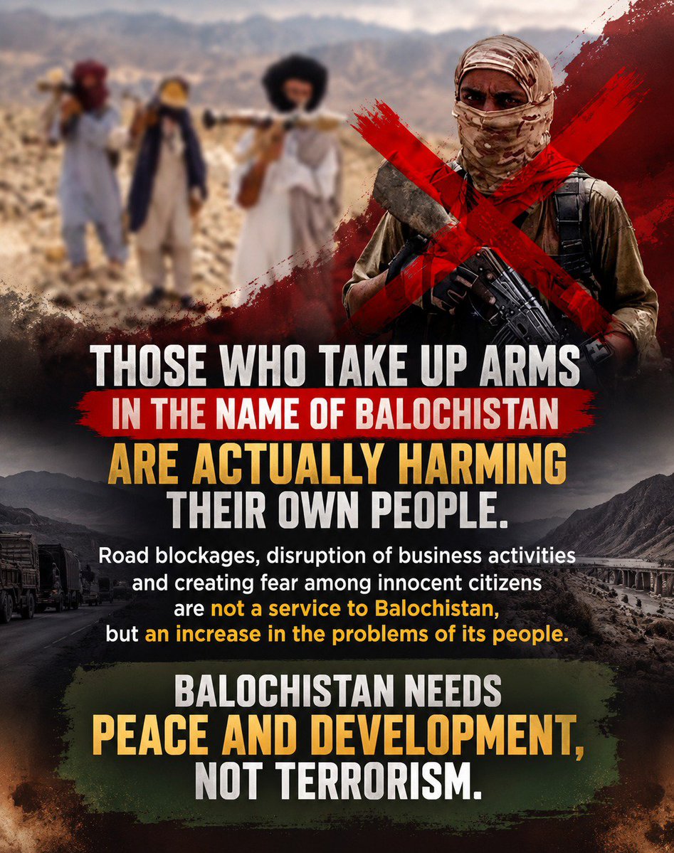 abeerafatima47's tweet photo. Those who resort to terrorism  violence in the name of Balochistan are ultimately harming their own people Road blockages disruption of businesses and fear among civilians only add to public hardships Balochistan needs peace development and prosperity not terrorism
#Balochistan https://t.co/Hy0vdQtkDs