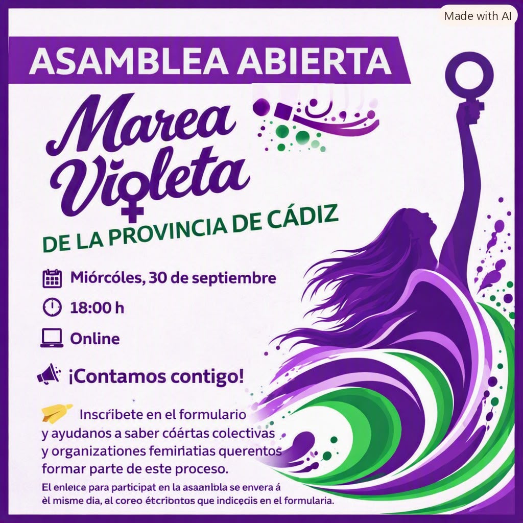 mareavioletaand's tweet photo. Asamblea Abierta Marea Violeta de la Provincia de Cádiz. Si formas parte de una organización feminista o grupo de mujeres ¡queremos contar contigo!  Inscríbete en el formulario y ayúdanos a conocer qué colectivos y organizaciones feministas queréis formar parte de este proceso. https://t.co/fVQNciiwb5
