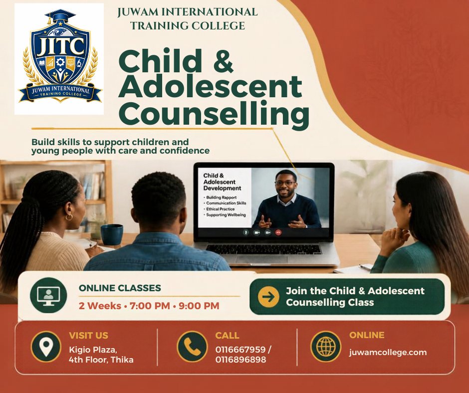 juwamcollege's tweet photo. Support children and young people with care and confidence. Join our 2-week online Child &amp; Adolescent Counselling class, from 7:00 PM–9:00 PM.

📞 0116667959 / 0116896898
🌐 https://t.co/J5wsSf2BSb
#CounsellingTraining #OnlineClasses #JuwamCollege https://t.co/DYCgGn0CM7
