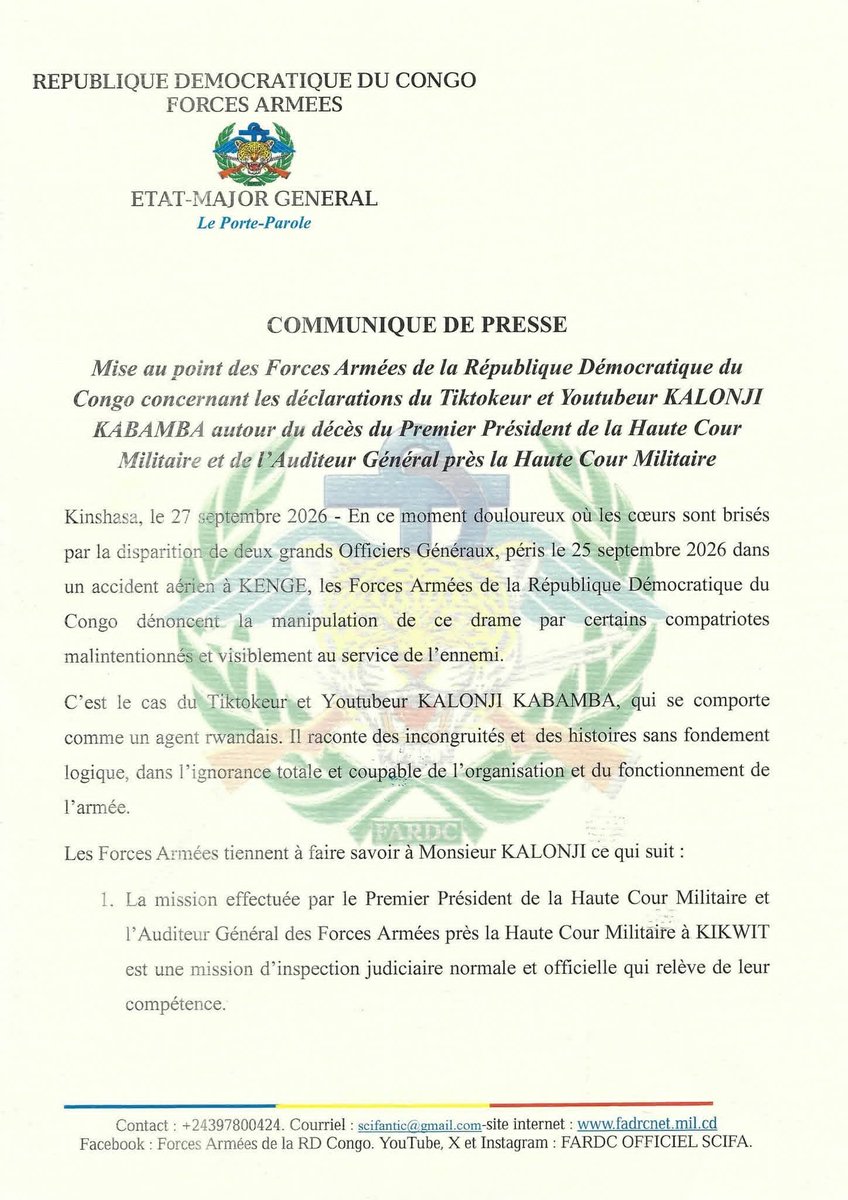 LeeSadikiKajib's tweet photo. RDC: Les FARDC mettent au point concernant les déclarations du TikTokeur et YouTubeur Kalonji Kabamba (@KalonjiTV ) relatives au décès tragique du Premier Président de la HCM et de l’Auditeur Général près la HCM, décédés le 25 septembre 2026 dans un accident aérien à Kenge.#DOC⤵️ https://t.co/rp56869mXL