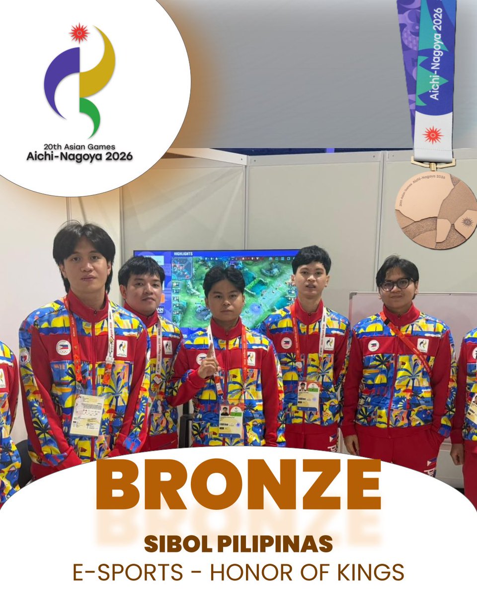 RollyPOV's tweet photo. SIBOL Pilipinas gets another ๐ฅ BRONZE Medal, this time in E-Sports: Honor of Kings game. They bowed out to China 0-2. #AsianGames2026
Still a remarkable finish for our #TeamSibol, congratulations!! ๐ต๐ญ https://t.co/eyXYg0zZAB