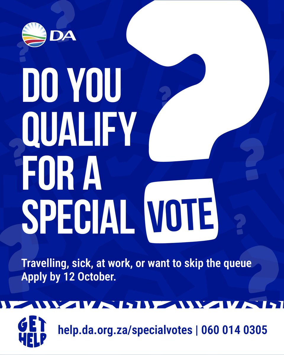 Our_DA's tweet photo. 🚨 Planning to vote on 4 November but can’t get to your voting station?

You may qualify for a special vote. 🗳️

Applications are now OPEN for registered voters who won’t be able to vote at their voting station on Election Day, including those who need a home visit.

Don’t wait until it’s too late. Check if you qualify and apply. 👊🇿🇦