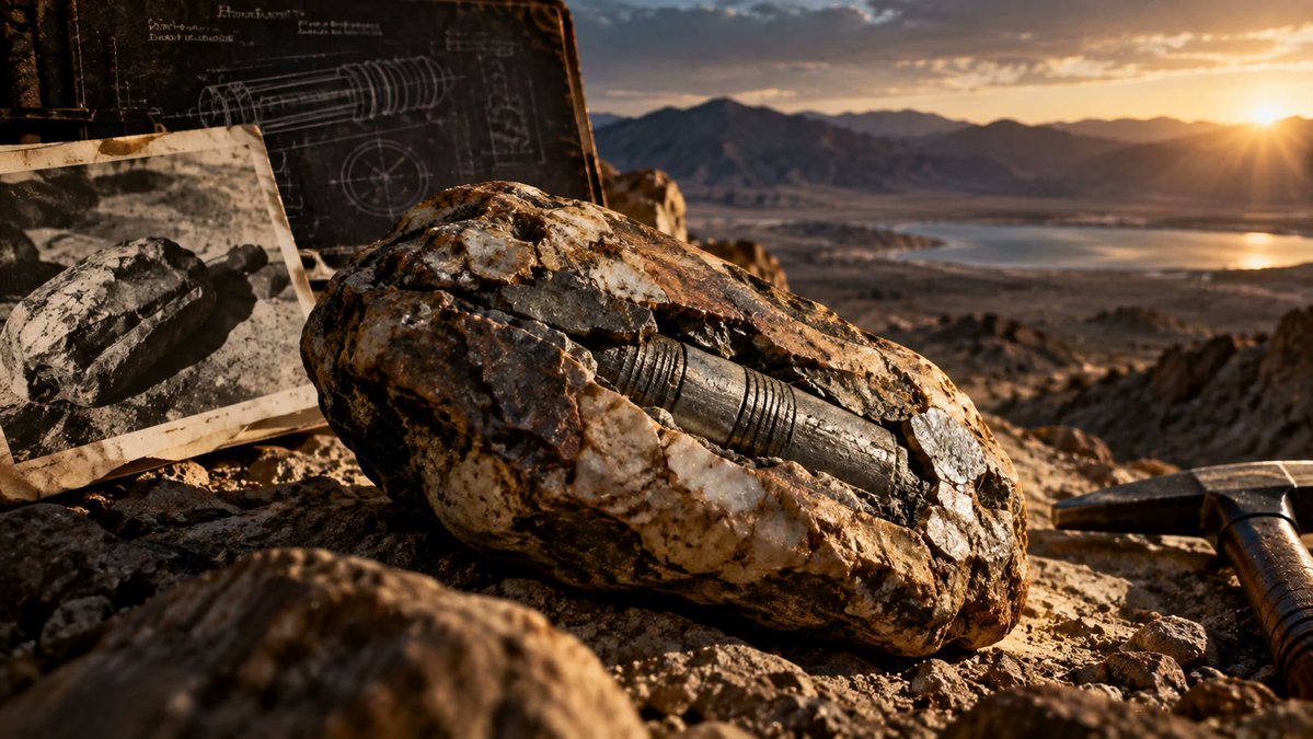 PyramidGuyUFO's tweet photo. A strange object was found inside a rock in California in 1961.

When Mike Mikesell cut the rock open with a diamond-bladed saw, he found a white porcelain cylinder surrounding a thin metal shaft.

It looked remarkably like a piece of modern technology.

Some believed it could be hundreds of thousands of years old.

So what was it?
