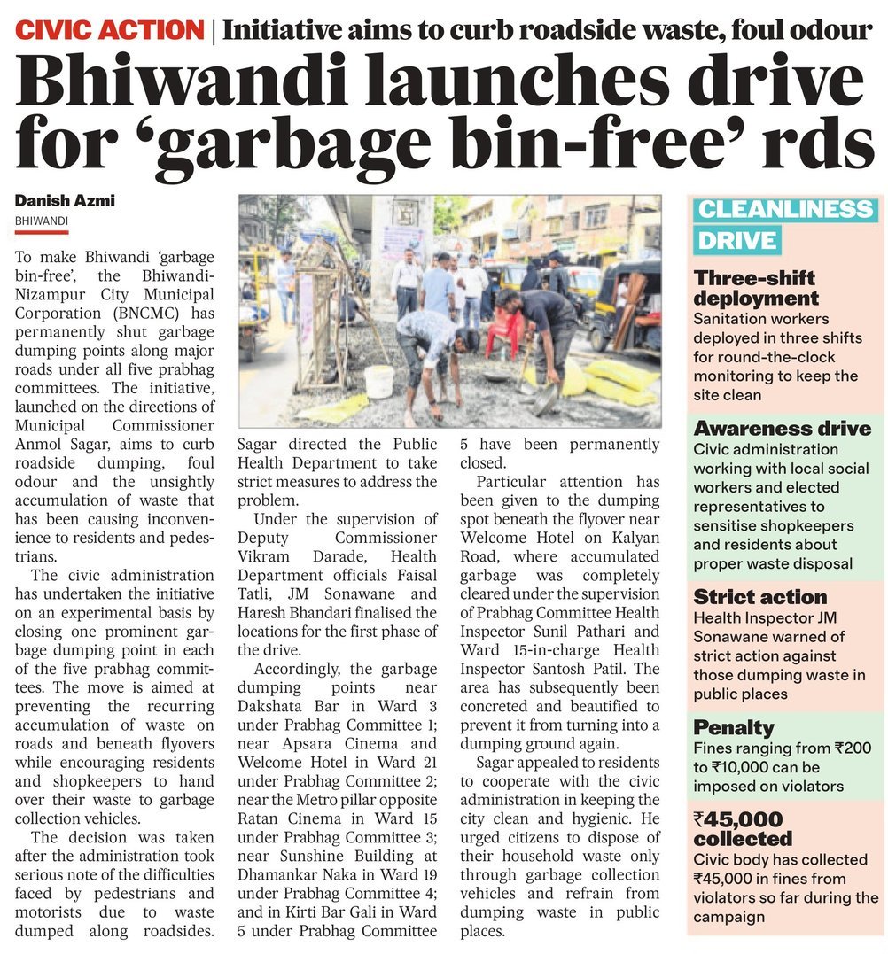 MoHUA_India's tweet photo. From the News 🗞️📰
♻️ Towards Cleaner Streets
🗑️ Cleaner streets, smarter cities!
Bhiwandi has launched a drive to make roads ‘garbage-bin free’, promoting cleaner and more sustainable urban spaces.
@SwachhBharatGov
#SwachhataHiSeva2026 #SHS2026 #SwachhBharat #CleanCities #UrbanDevelopment