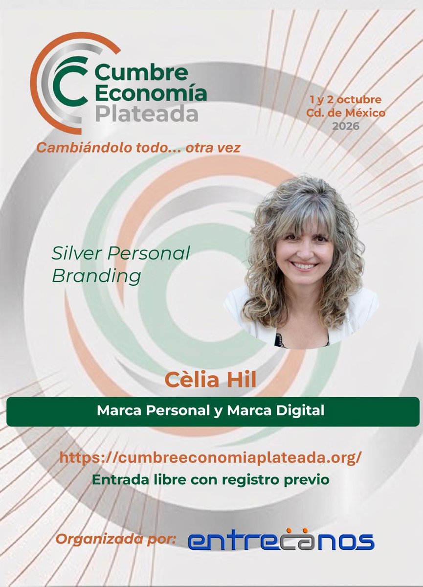 CeliaHil's tweet photo. Te propongo asistir a la #CumbreEconomíaPlateada en la que participo como #ponente hablando de  #MarcaPersonal para #séniors 

📍 #México y online

Informate 👉  https://t.co/eLbBlnkEsy

#EconomíaPlateada #Entrecanos #SoyMayor #SoyGrande #SilverEconomy #PersonalBranding #CeliaHil https://t.co/6ZbtAdt3Lb