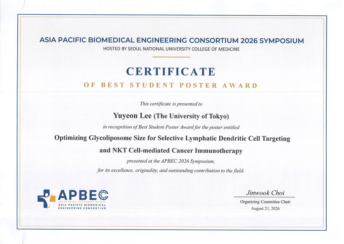 UTokyo_Bioeng's tweet photo. カブラル研究室のYuyeon Leeさんが、APBEC 2026 Symposiumにおいて
「Optimizing Glycoliposome Size for Selective Lymphatic Dendritic Cell Targeting and NKT Cellmediated Cancer Immunotherapy」
の研究発表でBest Student Poster Awardを受賞されました。
おめでとうございます。 https://t.co/LyOvHHhDlQ