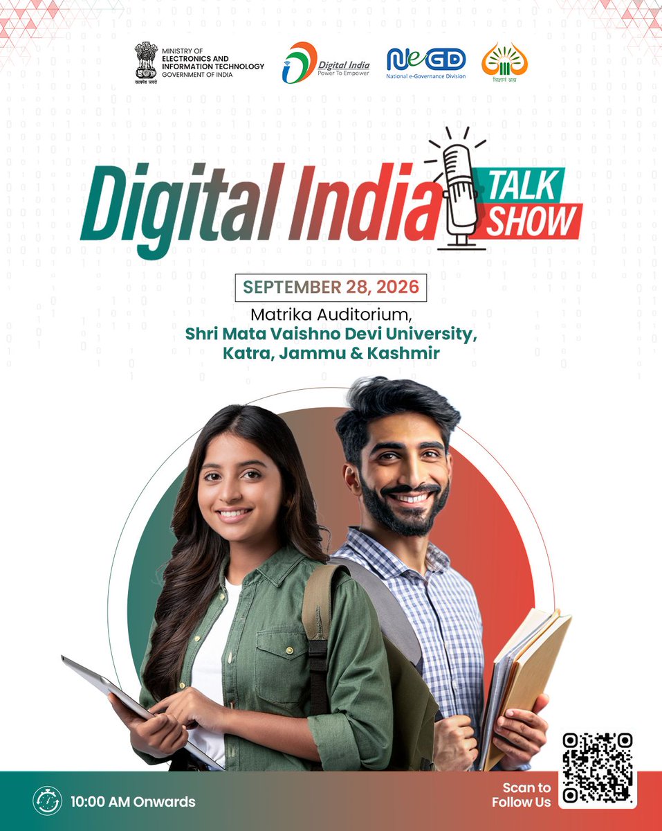 GoI_MeitY's tweet photo. Happening today!
The Digital India Talk Show reaches Shri Mata Vaishno Devi University, Katra, Jammu &amp; Kashmir, bringing students together for an engaging conversation on India’s digital transformation, emerging technologies and citizen-centric digital initiatives.
@smvduofficial https://t.co/S2qPKLE4PH