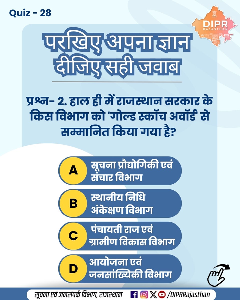 DIPRRajasthan's tweet photo. परखिए अपना ज्ञान, दीजिए सही जवाब...  

कितना सही है आपका जवाब? 
जानने के लिए जुड़े रहिए… 

 क्विज के जवाब -  प्रश्न - 1 , उत्तर -C 
प्रश्न - 2 , उत्तर - B 
प्रश्न - 3 , उत्तर - D 
प्रश्न - 4 , उत्तर - A  

राजस्थान की हर नई पहल, हर नवाचार और हर जनकल्याणकारी योजनाओं की जानकारी के लिए फॉलो करें
 @DIPRRajasthan 

@BhajanlalBjp
@KumariDiya
@DrPremBairwa
@RajCMO
@RajGovOfficial 

#PoshanTracker #GoldSkochAward #LocalFundAuditDepartment #RajNiveshPortal #SantSunderdasPanorama #DIPRRajasthan #आपणो_अग्रणी_राजस्थान