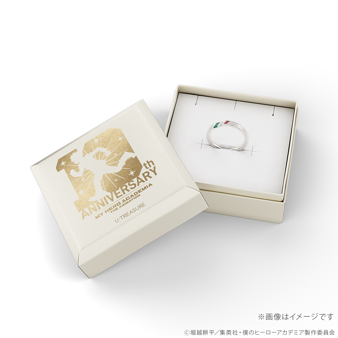 u_treasure_pr's tweet photo. アニメ『僕のヒーローアカデミア』放送10周年記念 

あの日、心を動かした言葉を指に纏う――。 

印象的なセリフを刻んだ 
特別なリング全10種類が登場。 

キャラクターをイメージしたカラーを施した 
重ね着けも楽しめるデザインです。 

予約期間：～11/9(月)