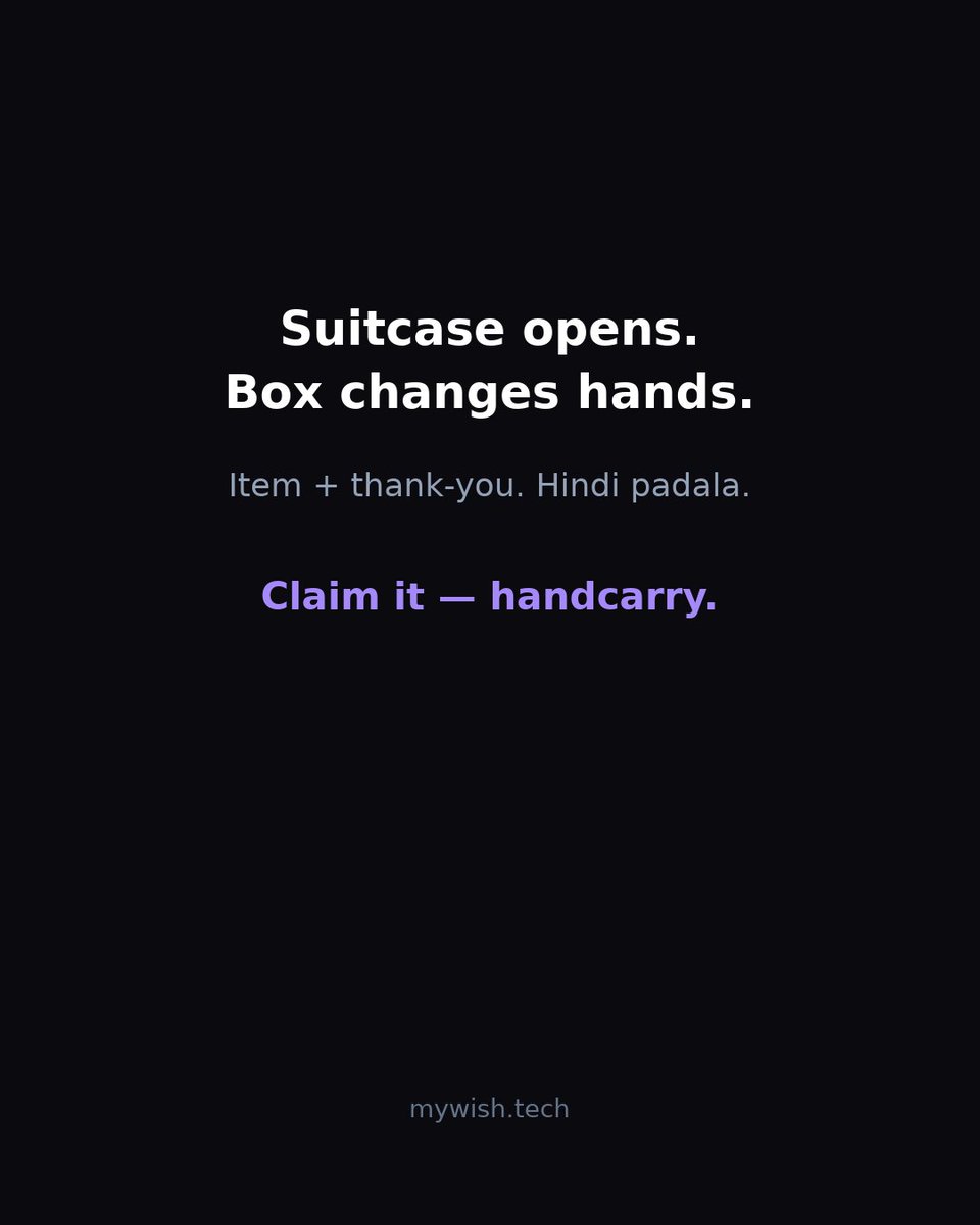 mywishtech's tweet photo. Suitcase opens. Box changes hands.
Item + thank-you. Hindi padala.
Claim it — https://t.co/gOxh09NLnS
#pabili #pasalubong #pahatid #handcarry
#MyWish #Microcard #SmallWorld https://t.co/E9JNqfwob0
