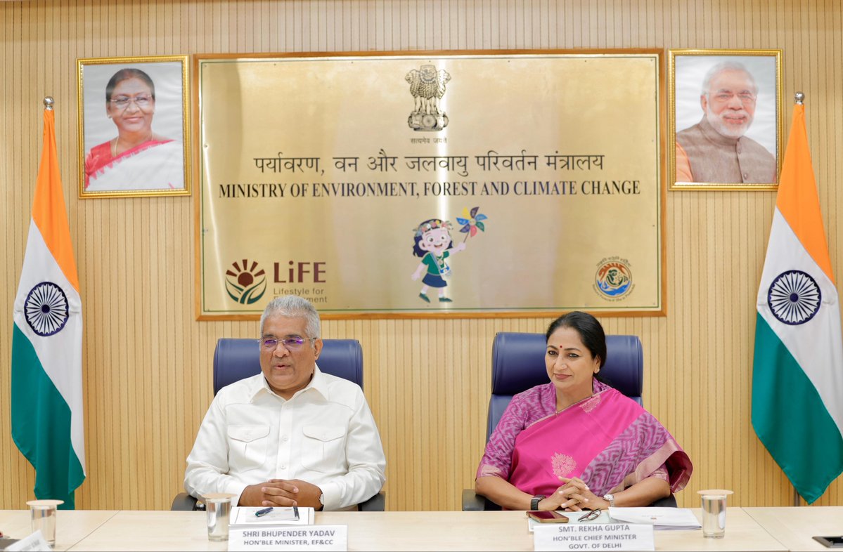 CMODelhi's tweet photo. Chief Minister Smt. Rekha Gupta attended a high-level meeting on Delhi’s air pollution control measures at Paryavaran Bhawan, chaired by Hon’ble Union Minister for Environment, Forest and Climate Change Shri @byadavbjp.

Clean air remains a year-round priority for the Delhi Government. Focused action is being taken across major sources of pollution through strict enforcement, continuous monitoring and coordinated efforts across departments.

The guidance and suggestions shared by the Hon’ble Union Minister will further strengthen Delhi’s action plan. With the continued support of the Union Government, Delhi is intensifying its efforts towards cleaner air and a healthier environment for every citizen.

Cabinet Minister Shri Manjinder Singh Sirsa and senior officials of the concerned departments were also present.

@mssirsa 

#ViksitDelhi