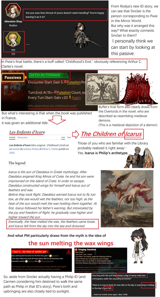 aolinyijiang's tweet photo. Many people may already know that Mirror World Sinclair is Pwie…But why? What connection is there between them? And why did the fifth floor choose Yi Sang in addition to Gregor? 
So, this is an analysis of the questions above.  

In short: they are all children of Icarus. https://t.co/J2ir2rdIxa